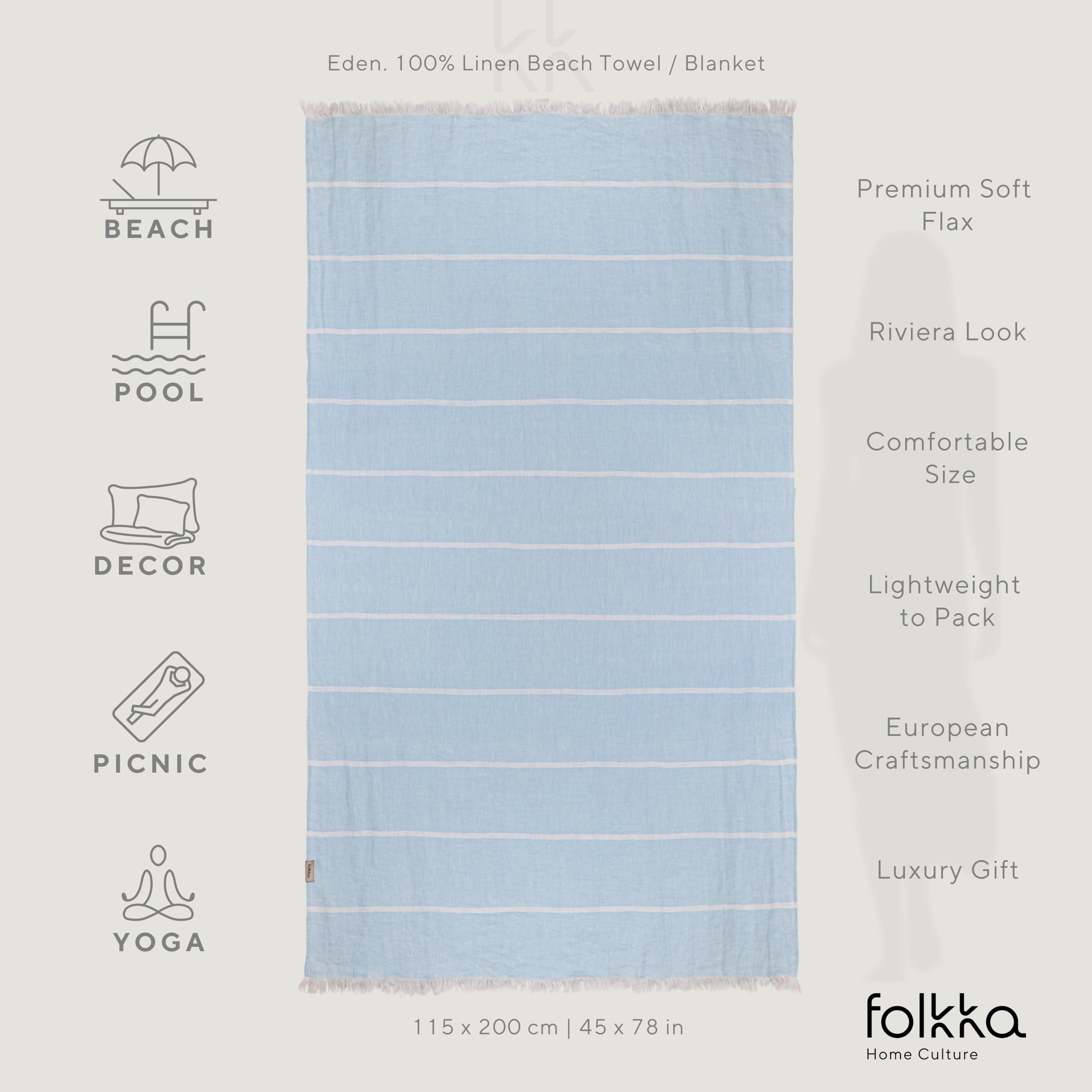 Telo mare Eden, coperta da piscina, divano, plaid, 100% lino, a righe (blu/bianco)