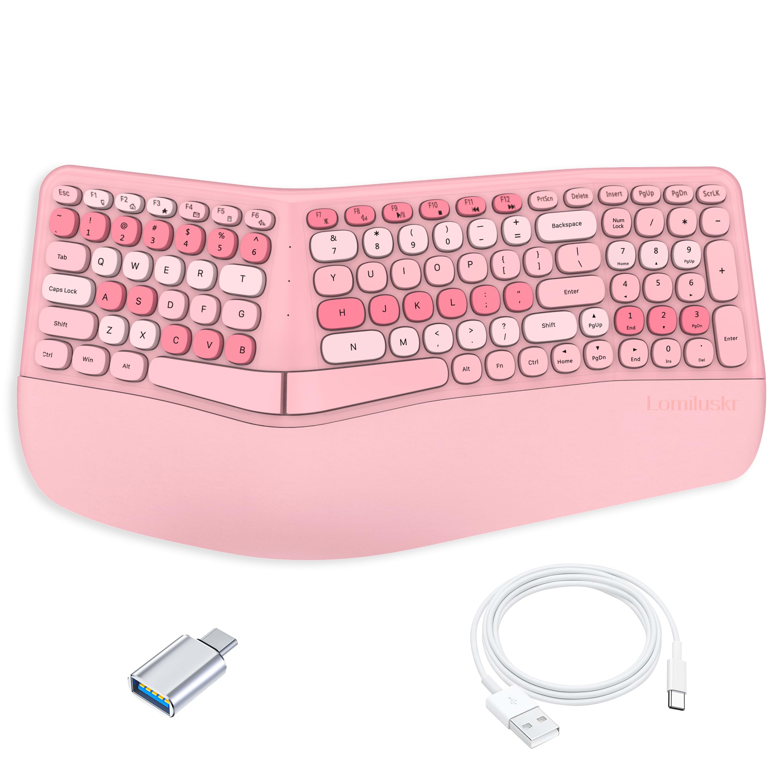 Lomiluskr Tastiera ergonomica cablata con poggiapolsi in PU, tastiera per tunnel carpale, design colorato con split ergo, comoda digitazione naturale, compatibile con PC/laptop (rosa)
