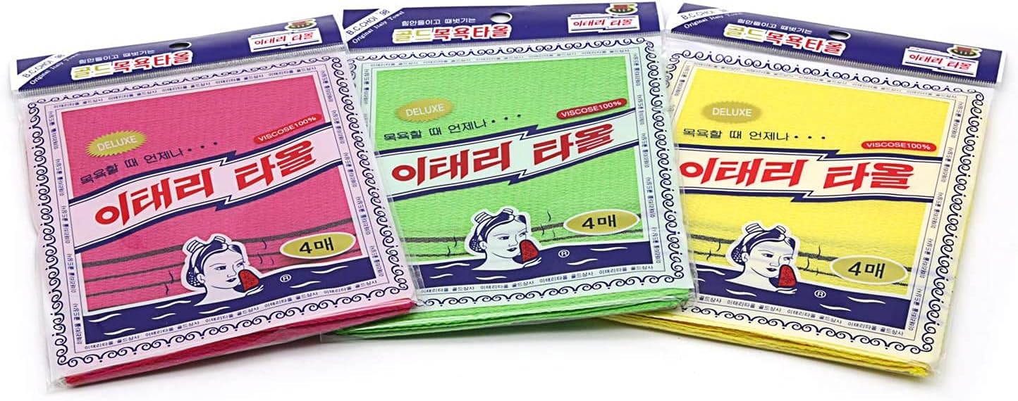 GOLDSANGSA-Korean Exfoliating Towel Washcloth Mitts 12pcs(Green4,Red4,Yellow4)/Korean Italy Towel Skincare Exfoliating Scrub Bath Cloth Remove Dead Skin