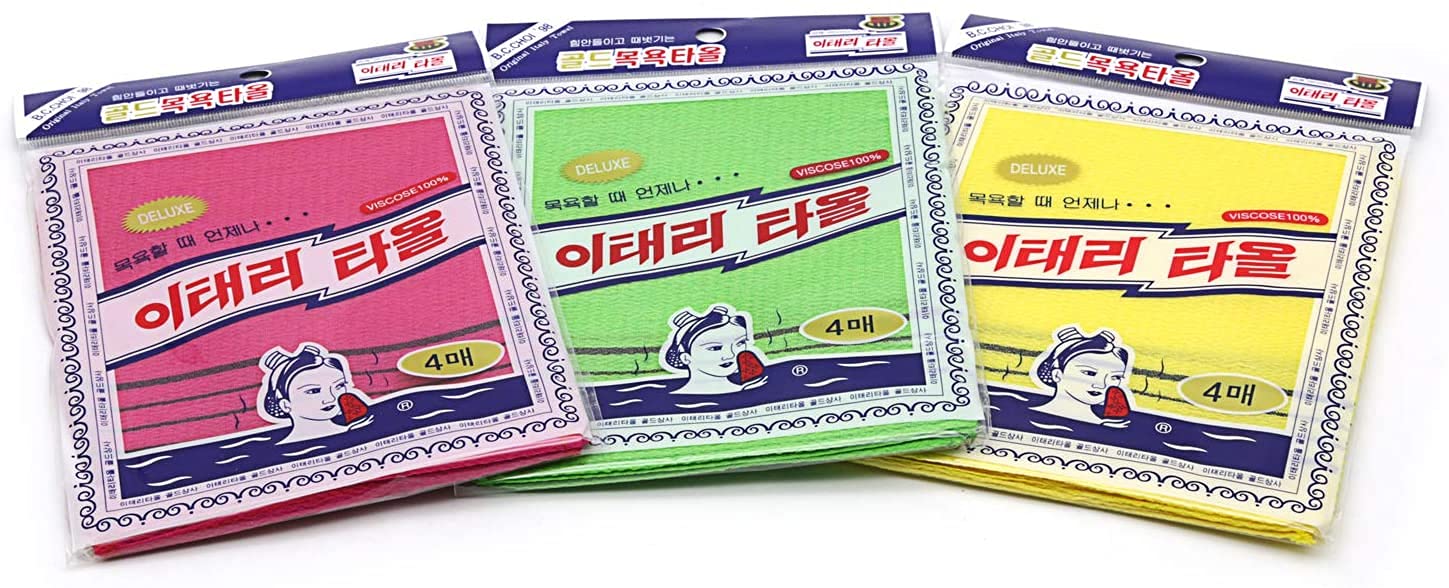 GOLDSANGSA-Korean Exfoliating Towel Washcloth Mitts 12pcs(Green4,Red4,Yellow4)/Korean Italy Towel Skincare Exfoliating Scrub Bath Cloth Remove Dead Skin