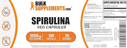 Miniatura 6 de BulkSupplements. Com Cápsulas de espirulina  Suplemento superalimenticio verde, suplemento de espirulina  Vegano, 6 cápsulas por porción, 180