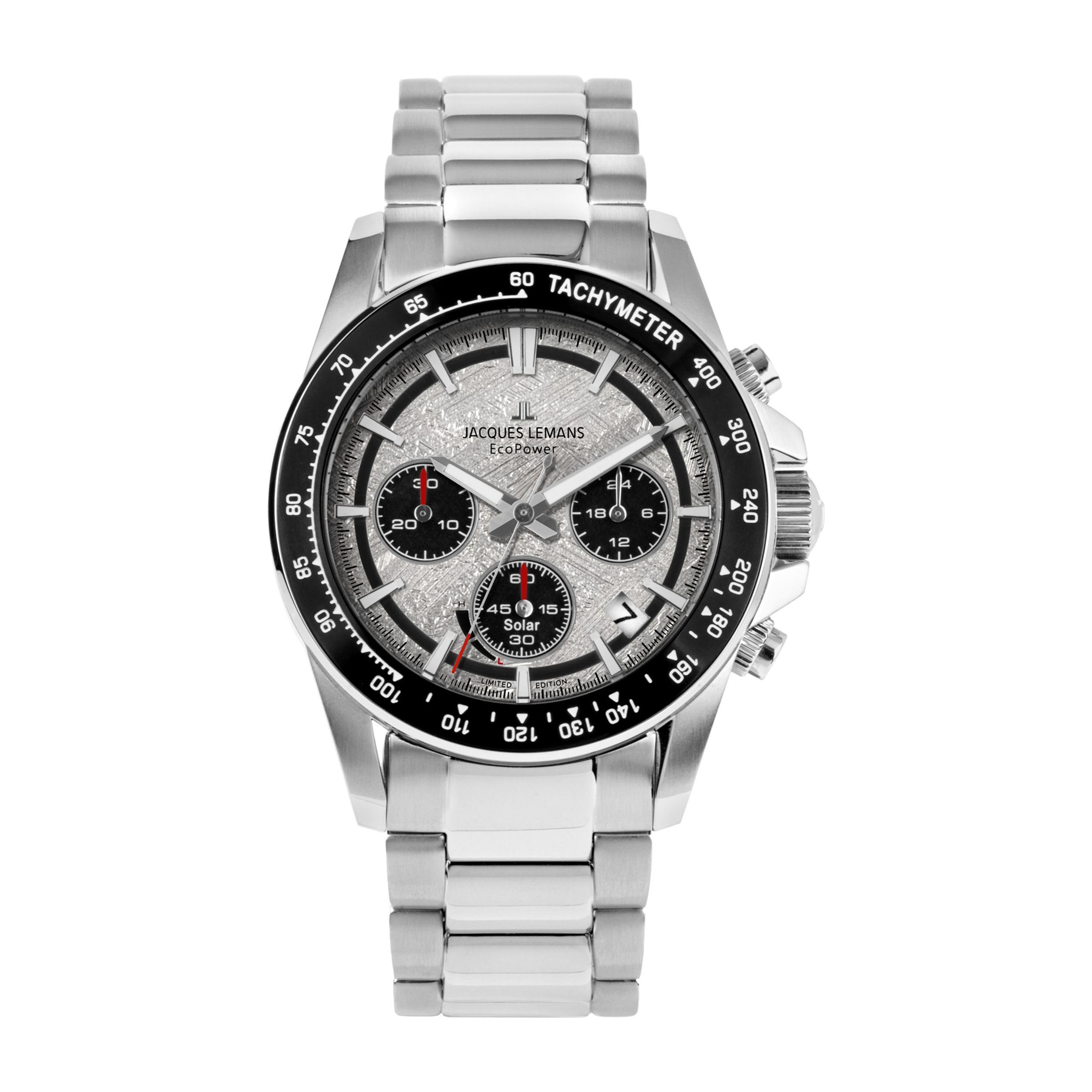 JACQUES LEMANS 50-10A Solar Chronograph Limited Edition zegarek męski 42 mm szkło szafirowe 10 ATM bransoletka ze stali nierdzewnej kolor srebrny ze skórzanym paskiem