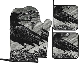 The Giant Crow in The Nest of Human Bones and Body Oven Gloves and Pot Handle Cover, 4-Piece Set of Kitchen Baking Accessories, Suitable for Grilling and Baking