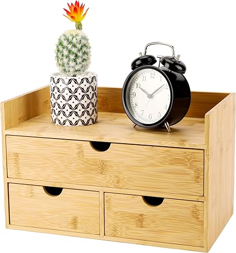 Organizador de escritorio de bambú con 3 cajones con estante, organizador de encimera con cajones, cajón de almacenamiento de maquillaje, 3 cajones,