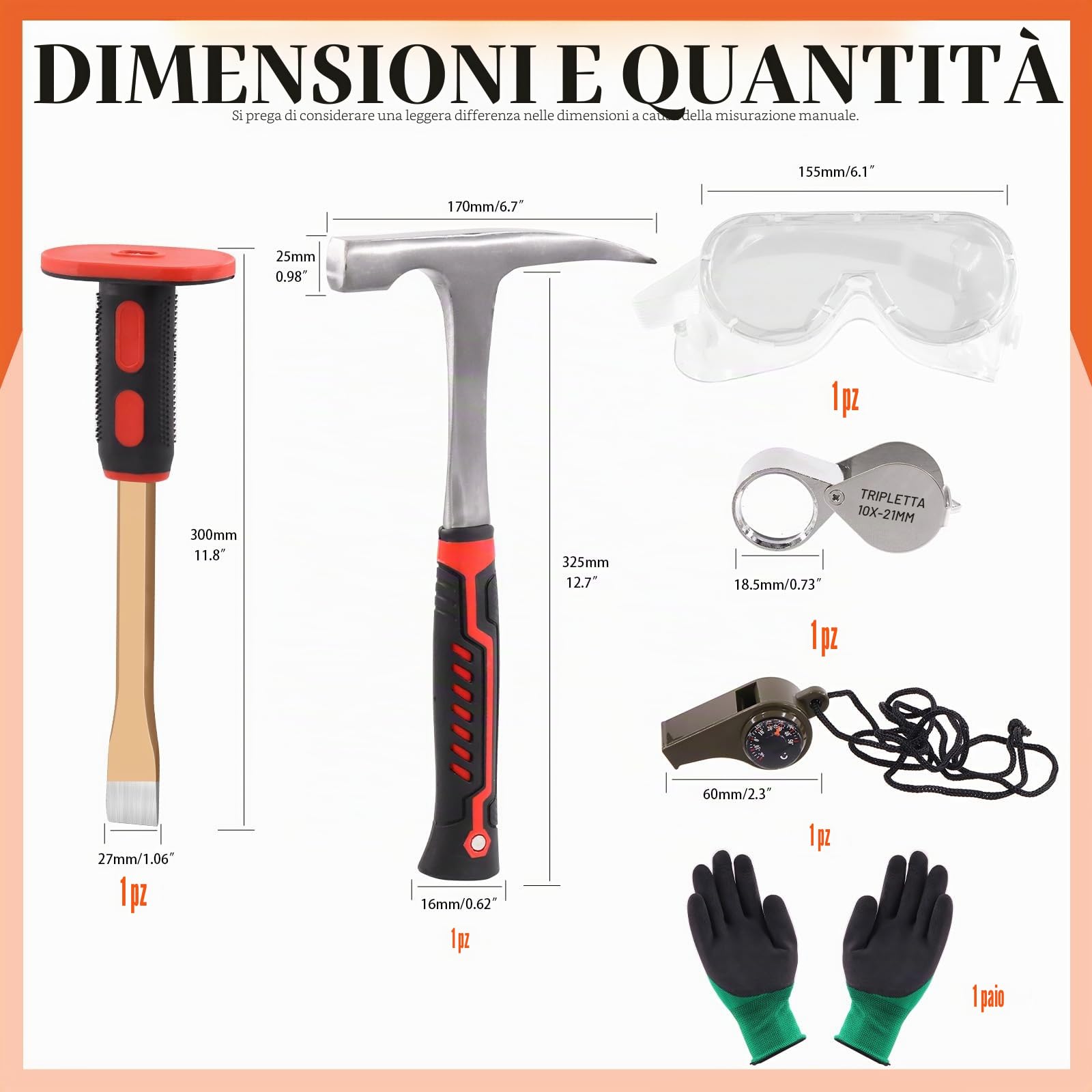 Tanstic Set di 6 pezzi di martello per roccia geologica, martello da 850.5 g e scalpello da scavo da 30.5 cm, fischietto, lenti e guanti per gioiellieri, set di attrezzature per caccia alla roccia