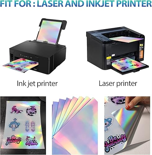 Miniatura 3 de 30 hojas de película transparente para inyección de tinta + 50 hojas de papel adhesivo de vinilo holográfico imprimible (estilo arcoíris), 8.5 x 11