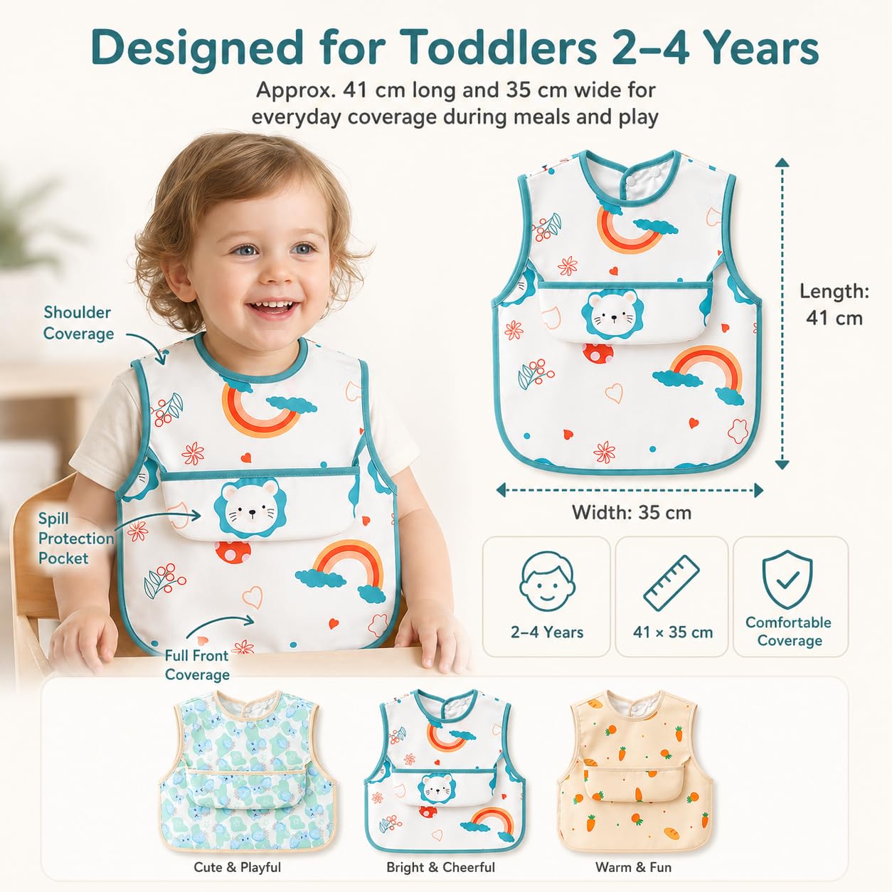 Lot de 3 Bavoirs Tablier Bébé Imperméables, Bavoir Plastique Enfant avec Poche Récupératrice, Tablier Repas Sans Manches, Bavette Bébé Facile à Nettoyer pour Manger, Peindre, Jouer, 2-4 Ans