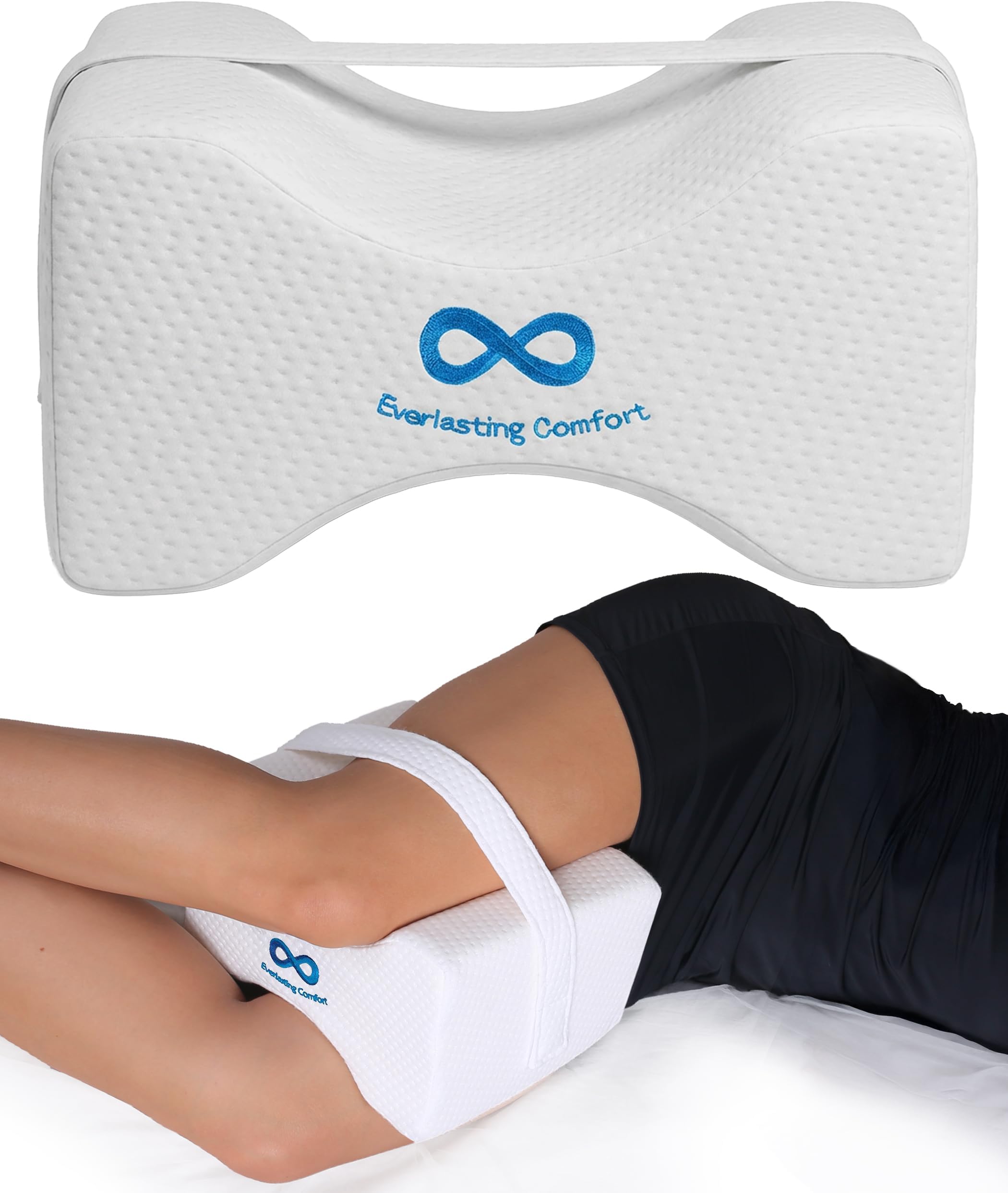 Everlasting Comfort Memory Foam Knee Pillow for Side Sleepers – Sciatica Pain Relief Pillow, Removable Strap Support – Leg Pillows for Sleeping Alignment, Knees, Back & Hip Cushion