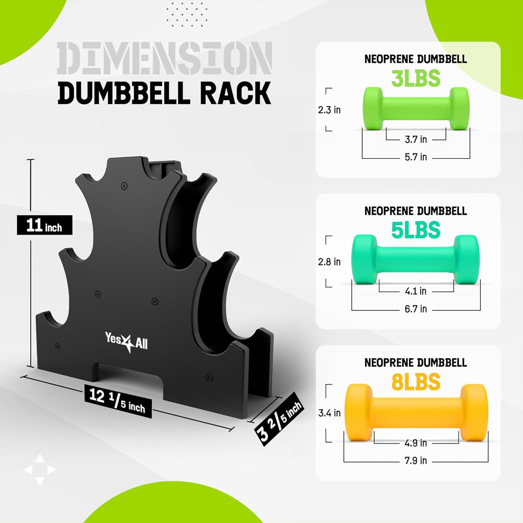 Yes4All Neoprenbeschichtete Hantel-Sets – mehrere Gewichtsoptionen mit Gestell, Anti-Roll, rutschfest, sechseckige Form