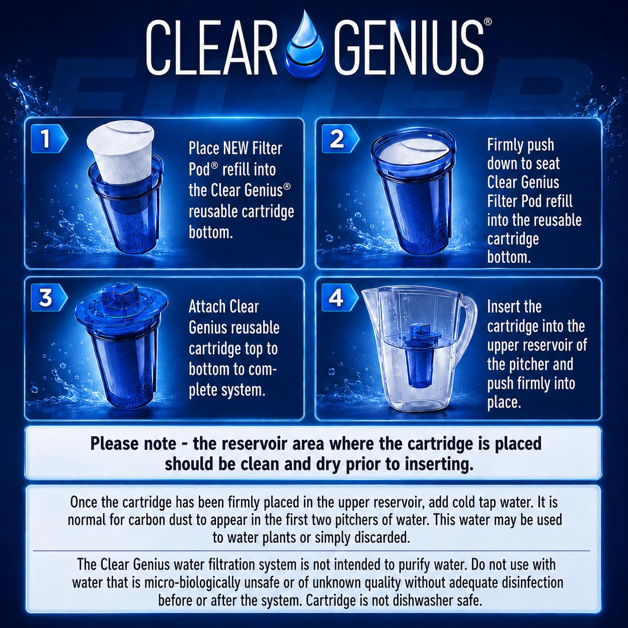 Clara Genius sistema de filtrado de agua jarra FWP-1, incluye reutilizable cartucho de filtro y filtro de recambio de Pod, claro, 6 tazas capacidad