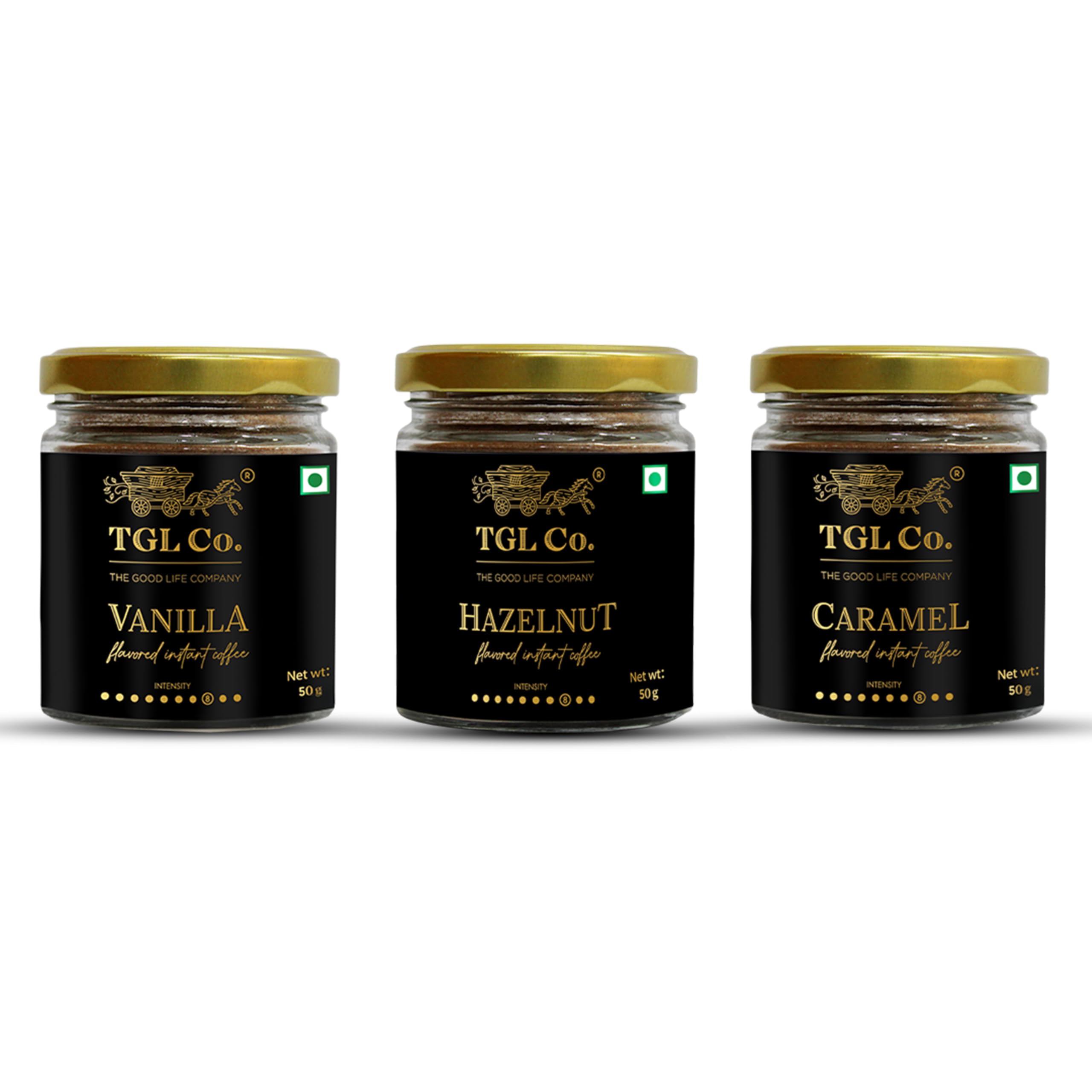 TGL Co. Pack Of 3 Combo of Flavoured Instant Coffee - Hazelnut, Vanilla & Caramel (50 Gm) | Rich & Smooth Taste | Everyday Coffee | Makes 25 Cups Each Bottle