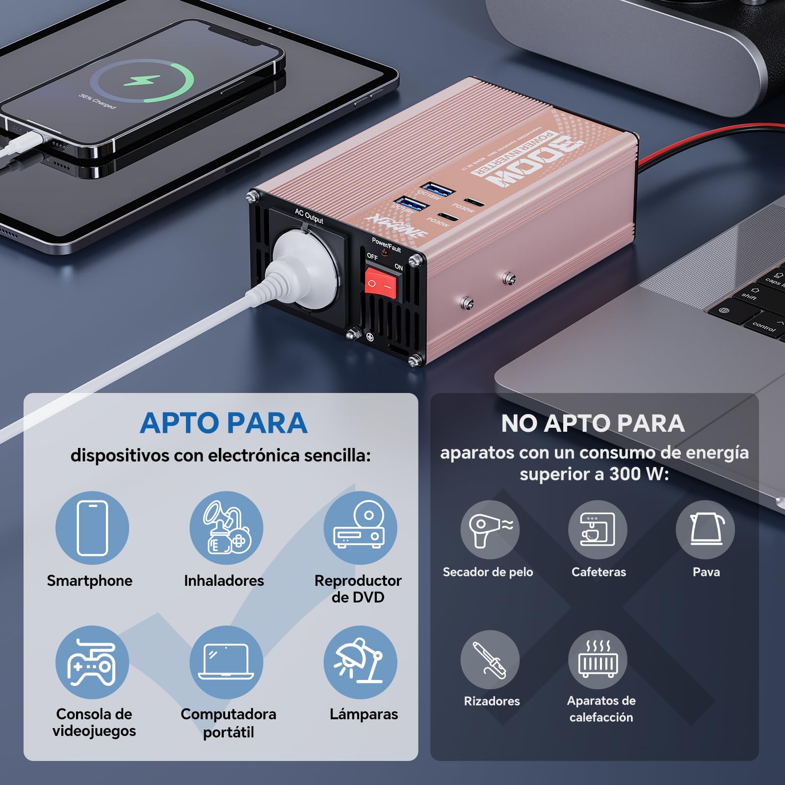 XWJNE 300W Inversor 12V a 220V, Convertidor para Coche con 1 Enchufe EU, 2 Puertos USB-A, 2 Puertos USB-C, Inversor de Corriente Onda Sinusoidal Modificada con Enchufe de Mechero y Protección Múltiple