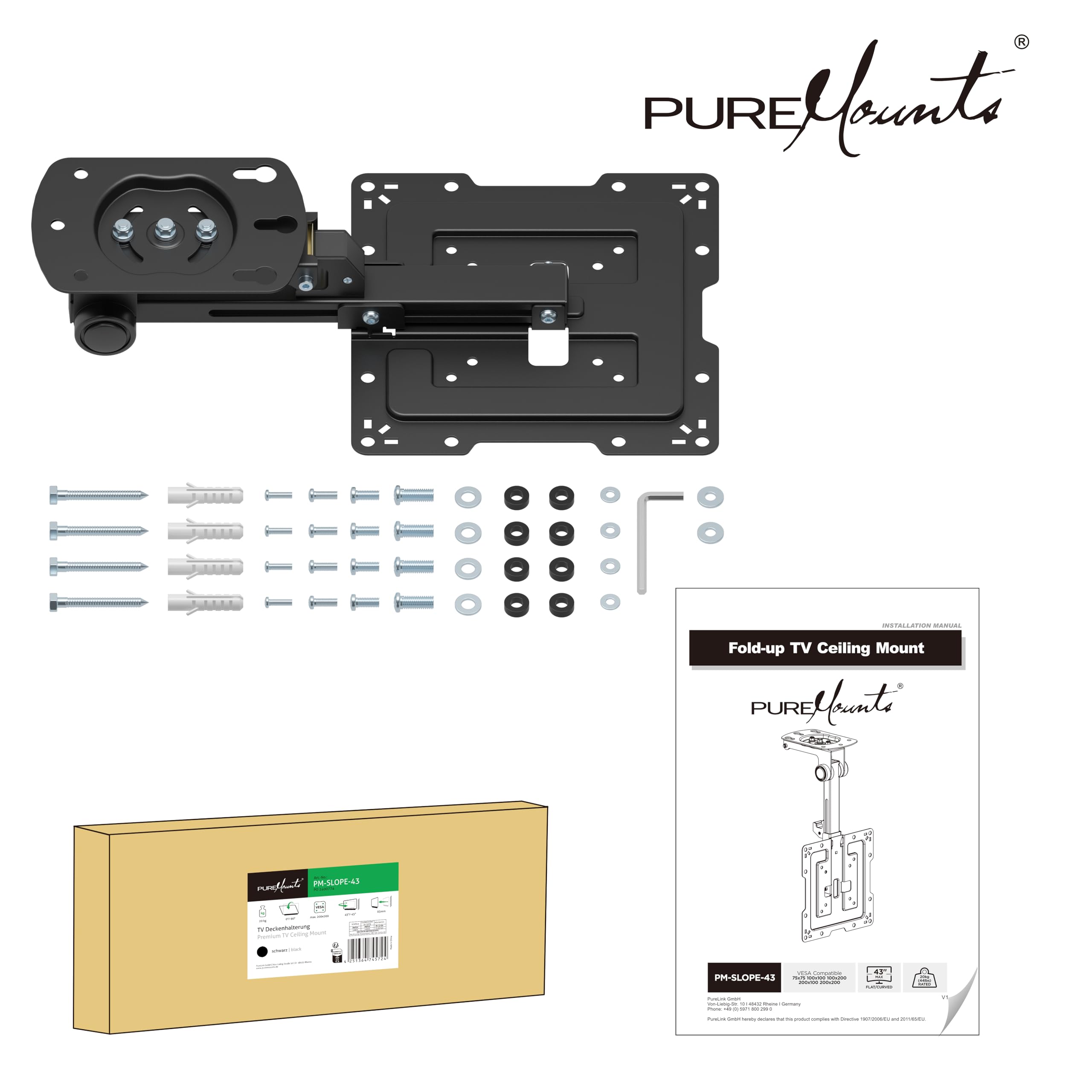 PureMounts Supporto a soffitto per televisori, adatto per 19-43 pollici, pieghevole, regolabile in altezza, orientabile, inclinabile, fino a VESA 200x200, nero