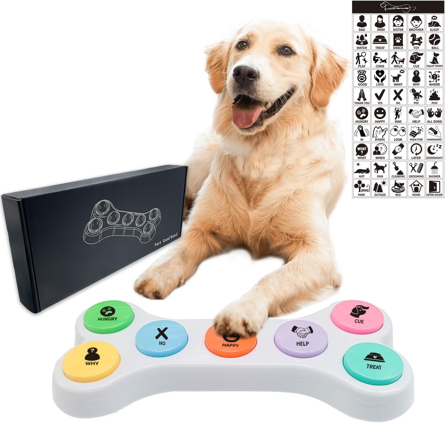 RIBOSY Dog Buttons for Communication, 7 in 1 Dog Talking Button Set, Recordable Training Buzzers for Dogs with 50 Scene Stickers (Battery Included)