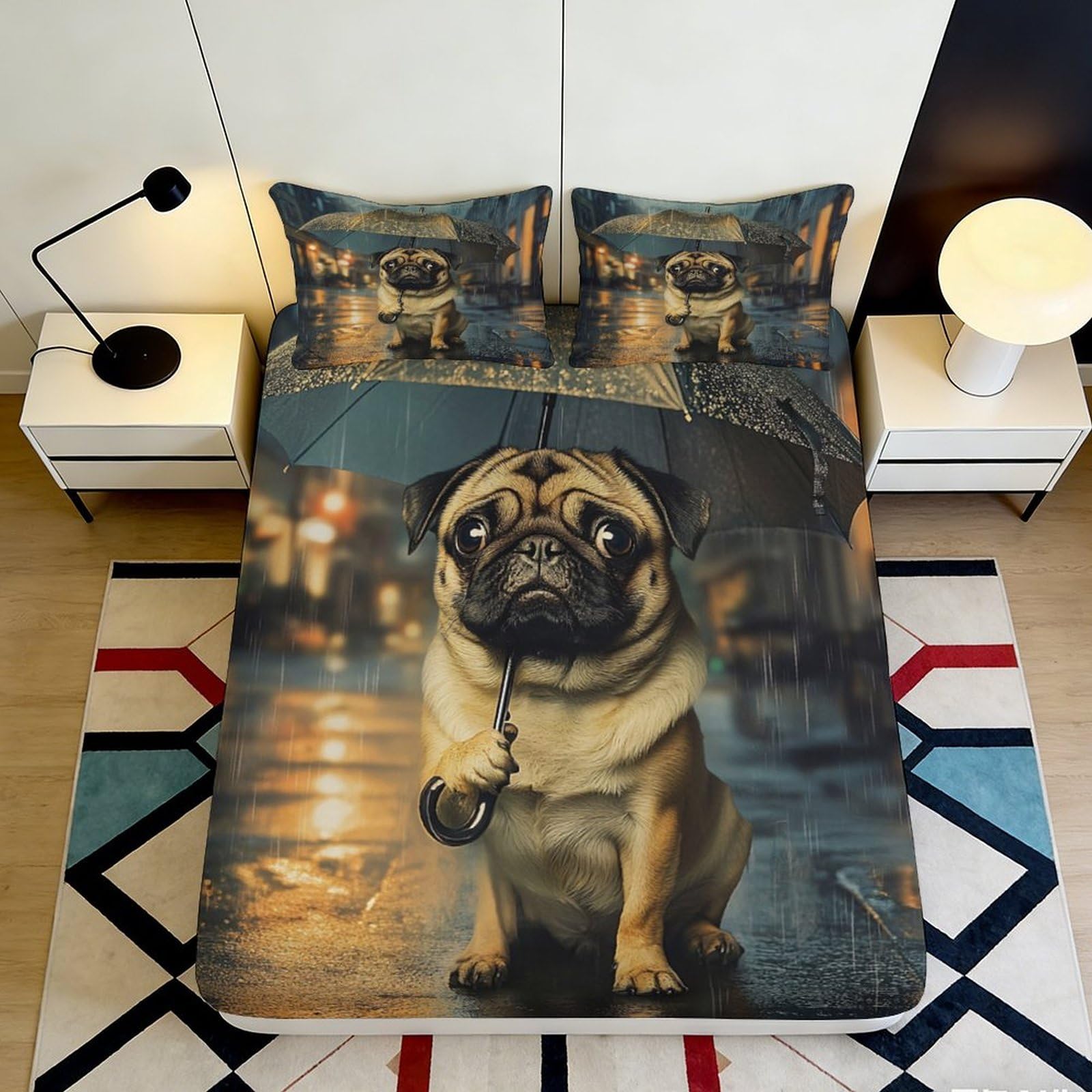 3D Printed Pug Dog Fitted Sheet Microfiber Soft Breathable Umbrella Rain Mattress Cover for Bedroom Dormitory Guest Room Mattress Protection Decor 90x200x25cm