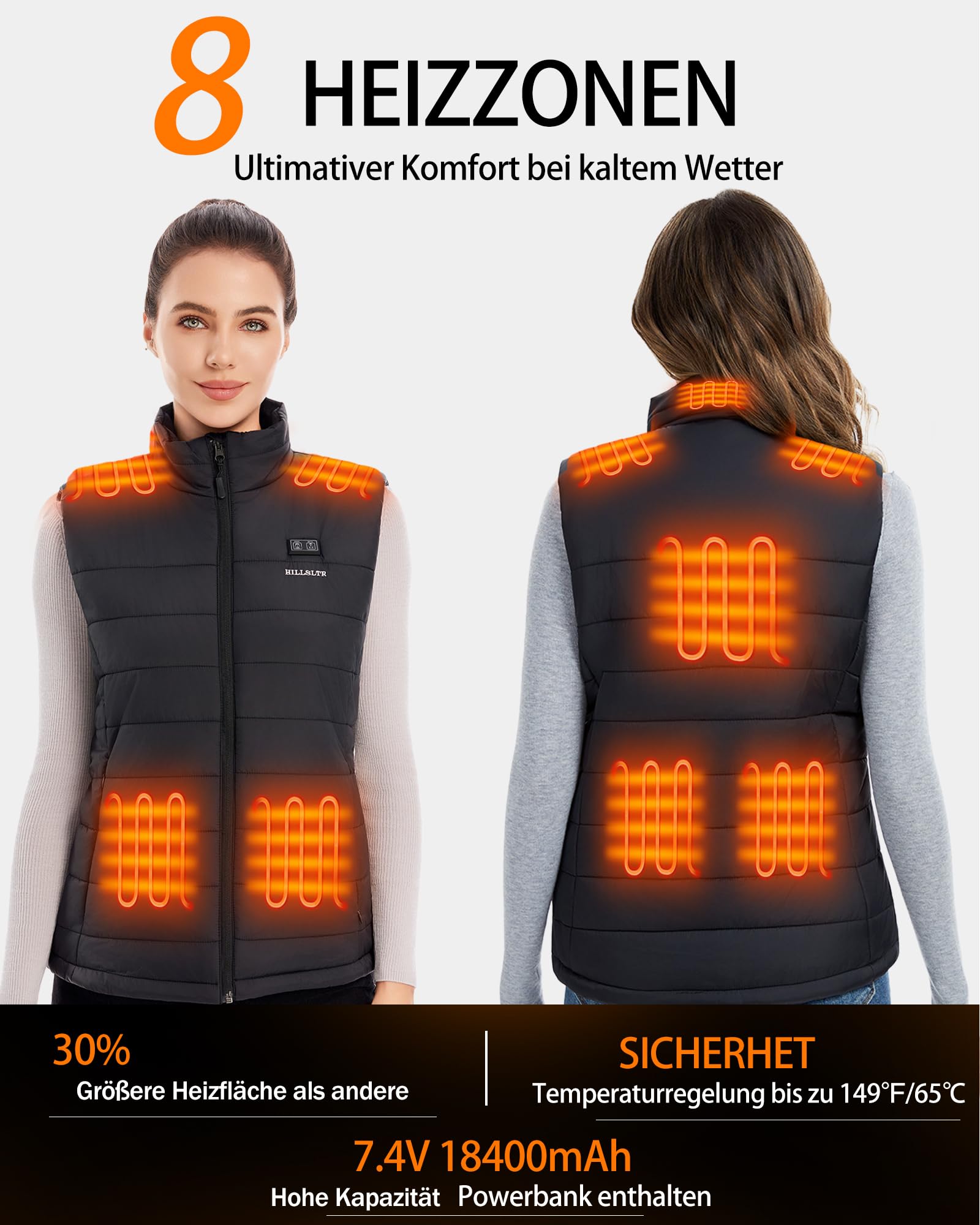 Heizweste Damen mit 18400mAh 7.4V Powerbank – Beheizbare Weste mit 8 Heizbereichen, Leichte Wasserabweisende beheizte Weste, Waschbare Wärmeweste für Outdoor