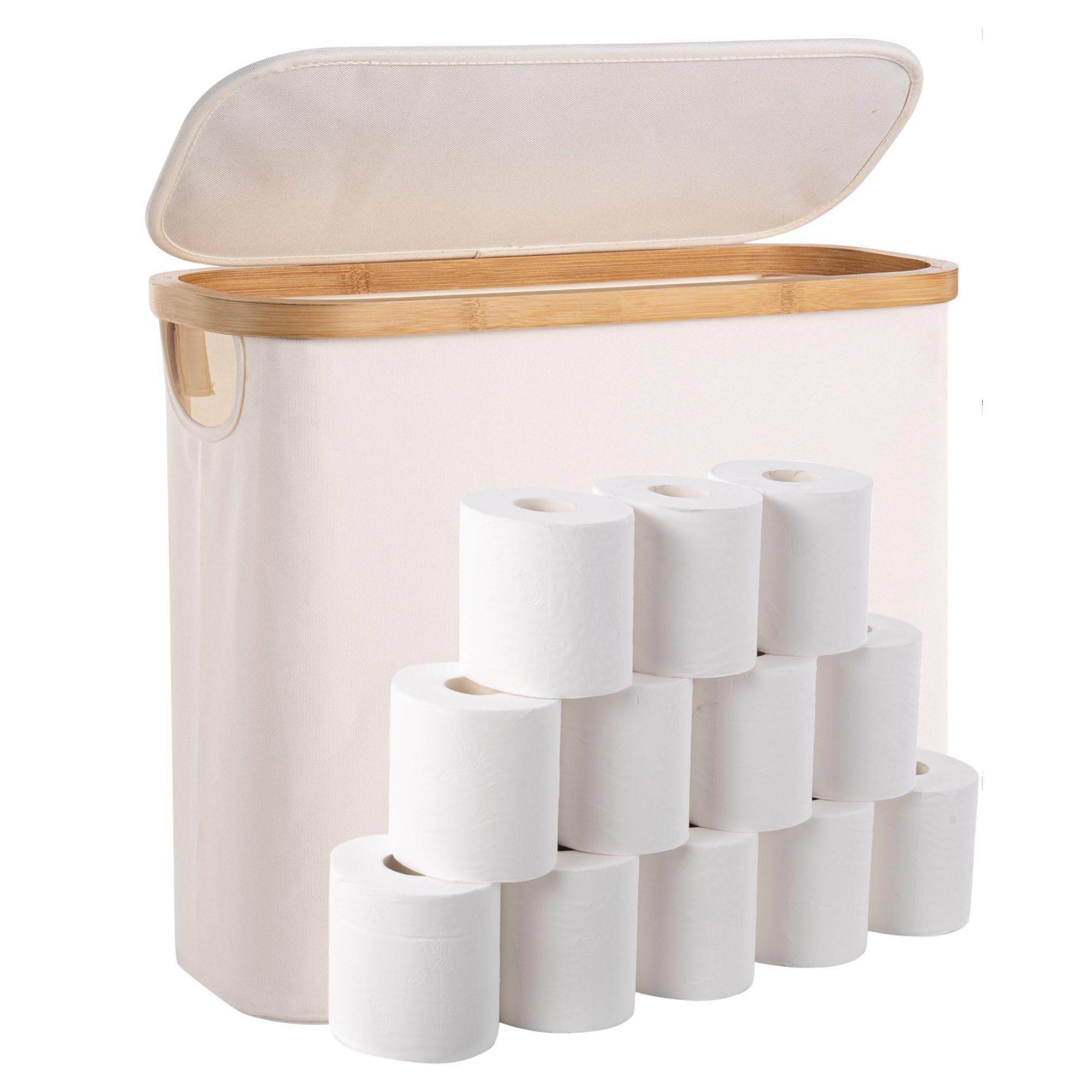 Woodluv Beige Toilet Roll Paper Storage Holder, 25L Toilet Roll Storage Basket With Lid Cover, Toilet Roll Holder Storage Stand Organiser Free Standing Box Unit Organizer For Bathroom,