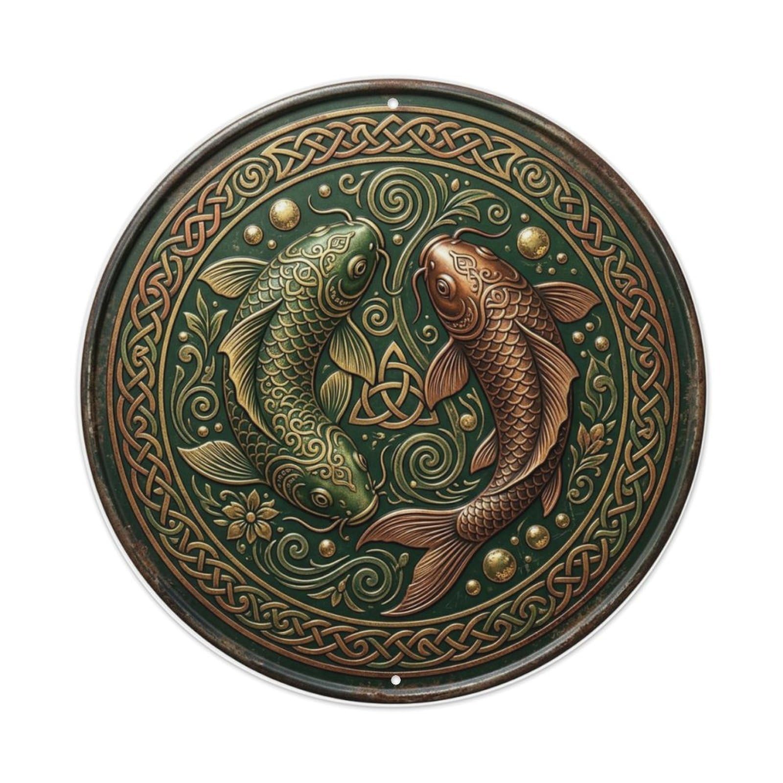 Celtic Knot Heritage Hall Fish Koi Fish Metal Tin Sign Plaque Wall Decor for Cafe, Club Bar, Office, Home Garden Round Metal Poster 8x8Inch
