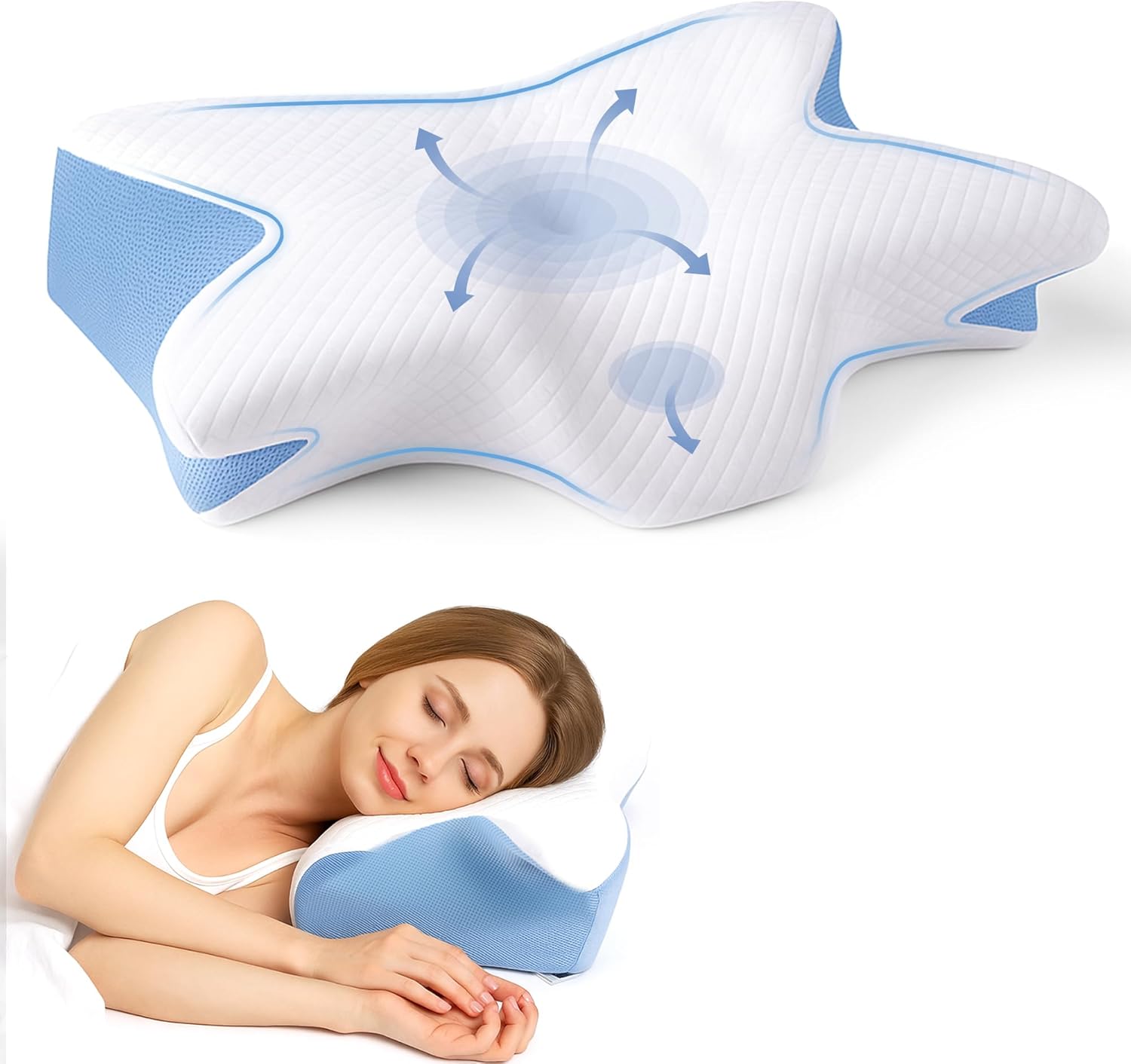 Memory Foam Bed Pillow for Side and Back Sleepers, Soft Supportive Pillow with Breathable Washable Cover – Blue & White Premium Home Bedding Cushion (White, Bed Pillows)