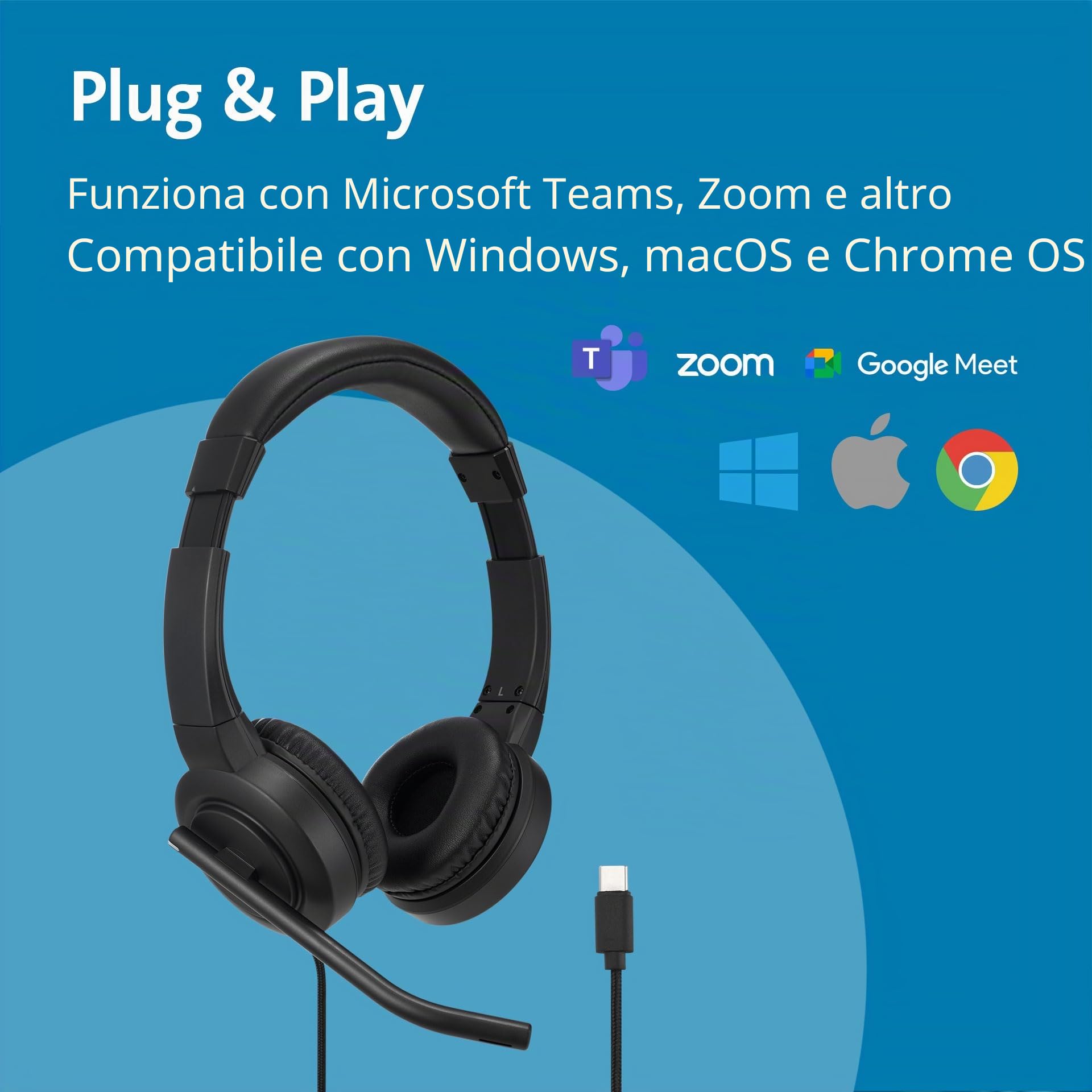 Kensington H1000 Cuffia On-eEar USB-C con Audio HD, Microfono con Cancellazione del Rumore, Luci LED e Driver da 40 mm con Modalità "Plug & Play" Universale