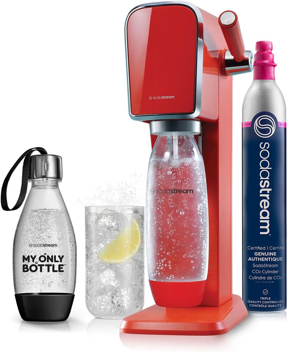 SodaStream Art Sparkling Water Maker (Red) with CO2 and Two Carbonating Bottles