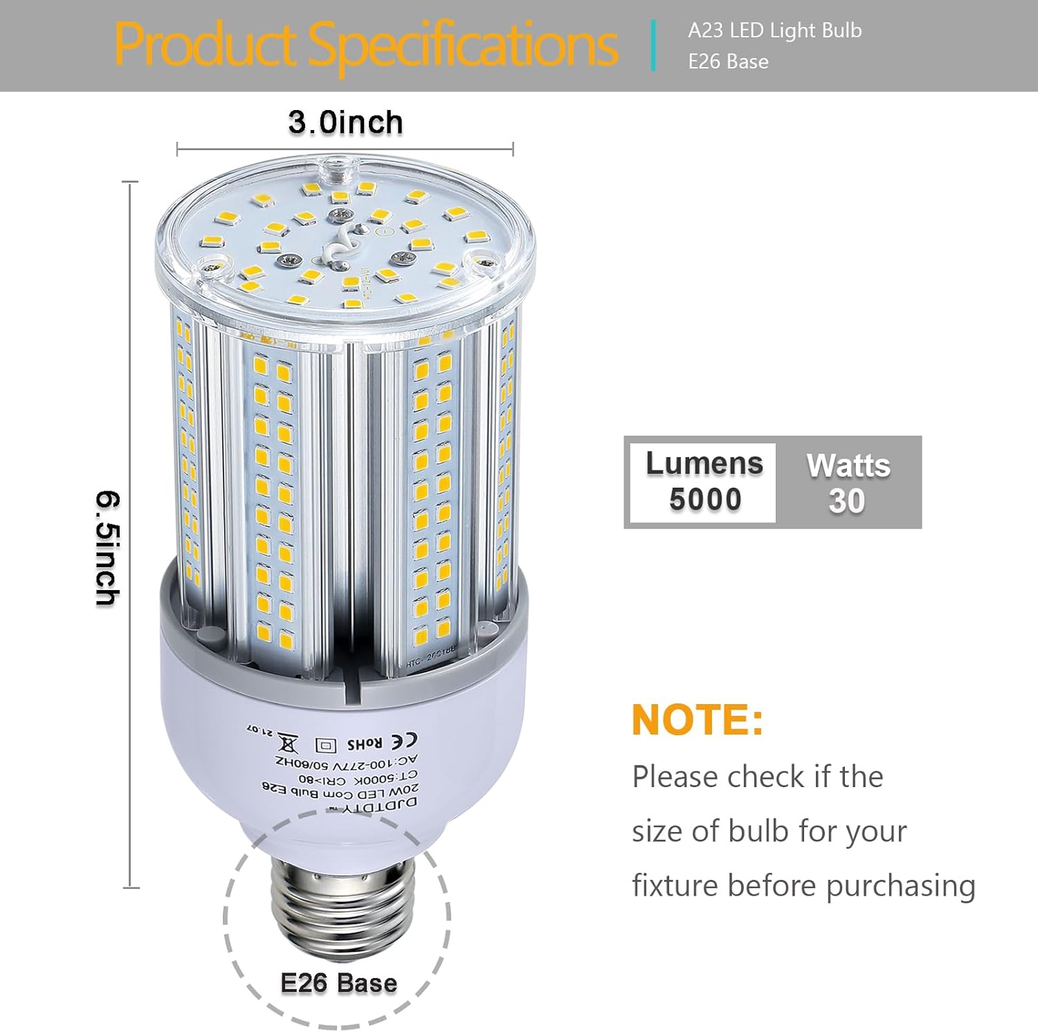 3-Pack is More economical, LED Corn Light Bulb 5000 Lumen 5000K 30W Large Area Cool Daylight White E26 Medium Base for Outdoor Indoor Garage Warehouse Factory Workshop Street Backyard