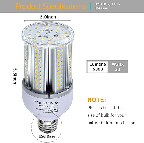 Miniatura 2 de Paquete de 1 bombilla LED de maíz equivalente a 400 W, 4000 lúmenes, 5000 K, 30 W, gran área, luz blanca fría, E26E27, base mediana para exteriores,