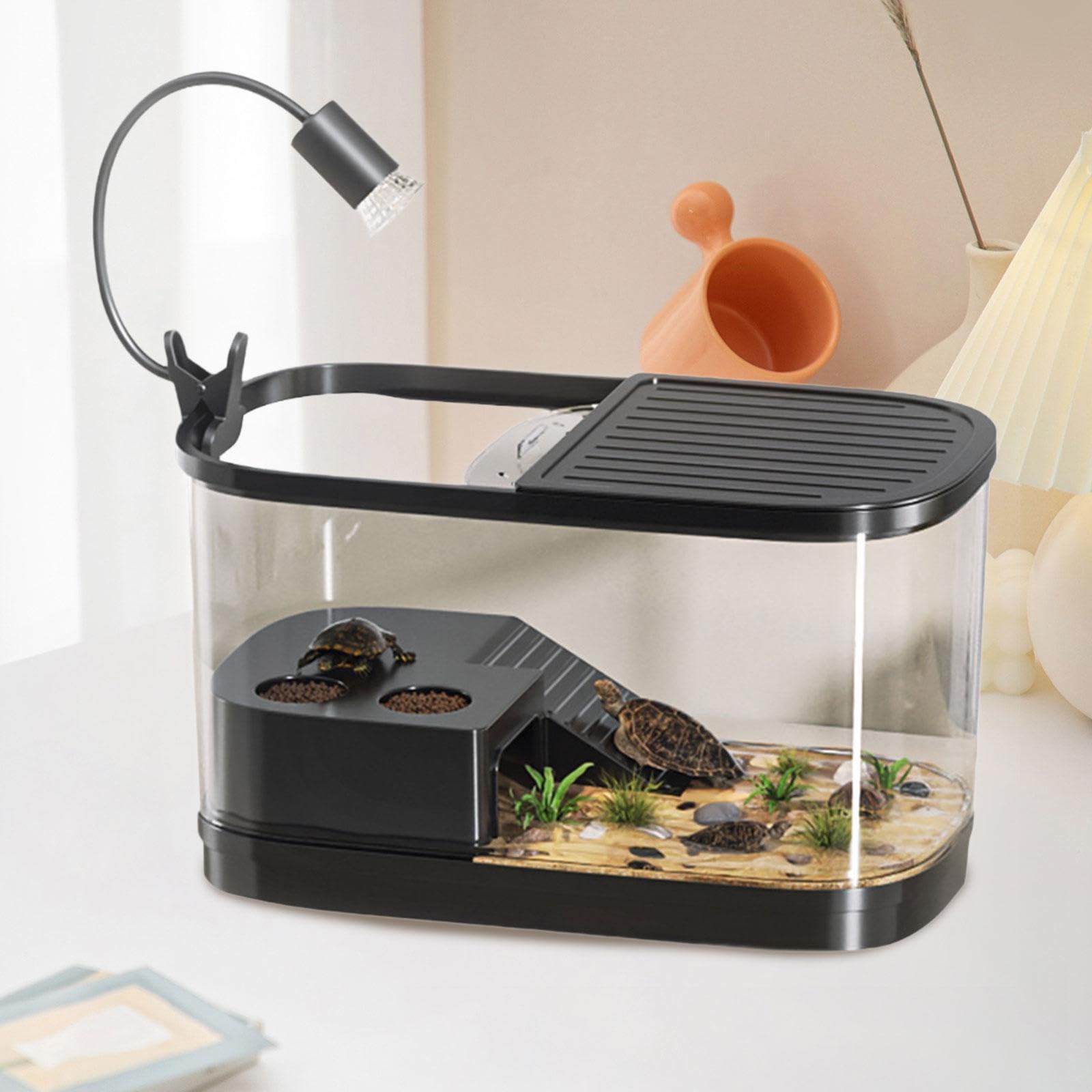 Acuario para Tortugas con para Tomar El Sol Antiarañazos Y Desagüe Lateral Multifuncional para La Cría de Tortugas, Negro Grande, Individual