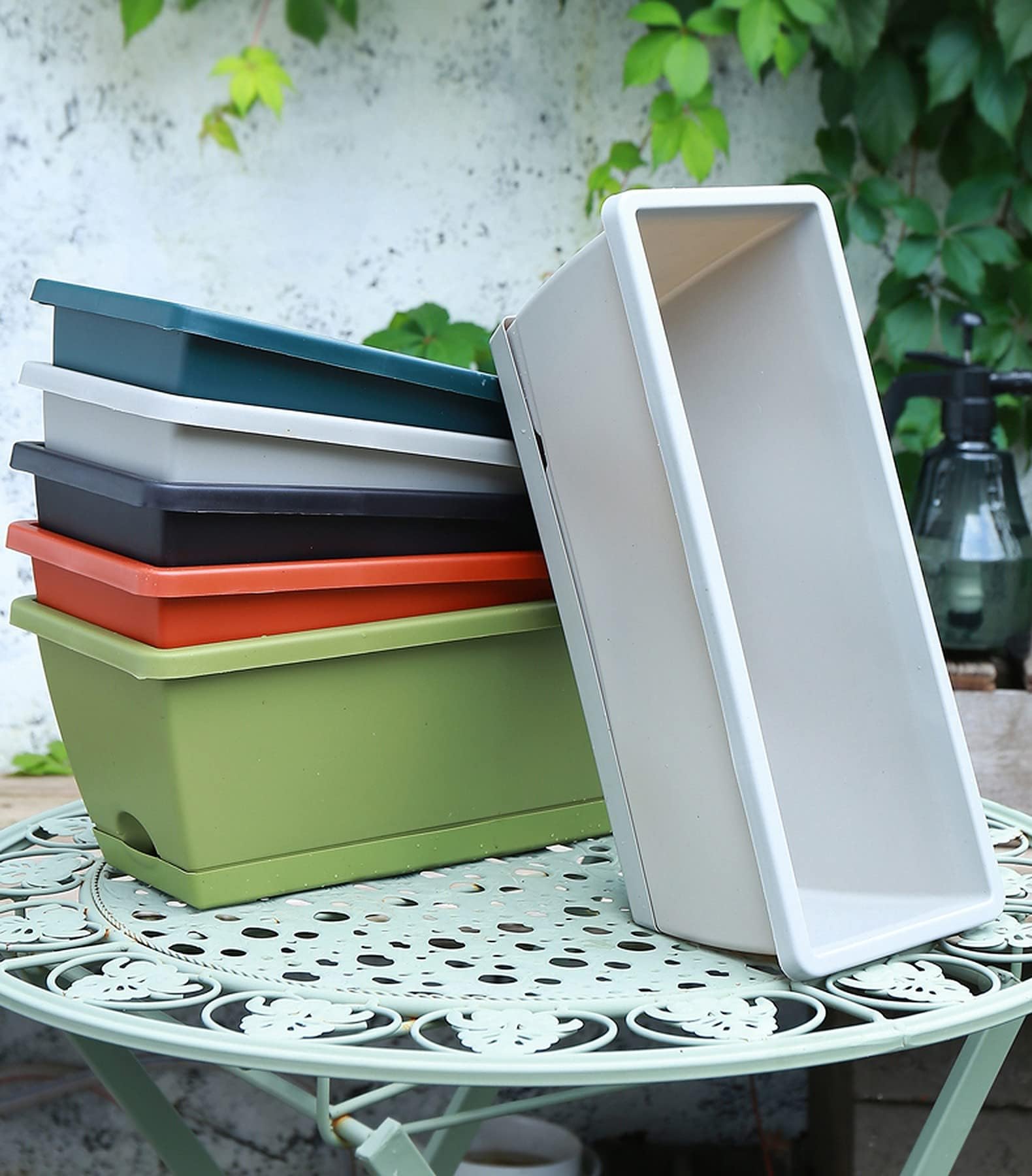 wolpin Long Planters with Tray Plastic for Balcony Home Indoor & Outdoor Flower Plant Pots Highly Durable Plant Container Gamla for Home Decor & Balcony Garden (Grey, Pack of 2)