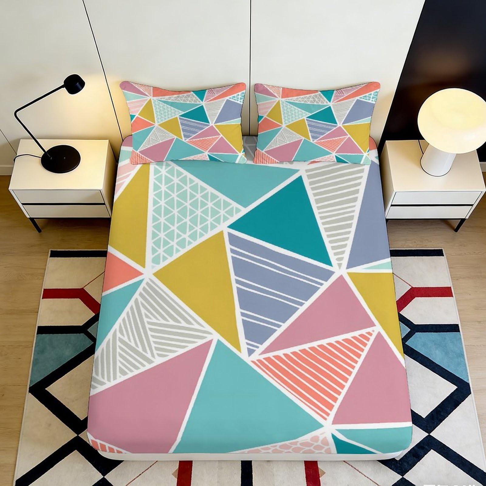 3D Printed Geometric Color Block Fitted Sheet Microfiber Soft Breathable Abstract Triangle Mattress Cover for Bedroom Dorm Home Decor 140x200x25cm