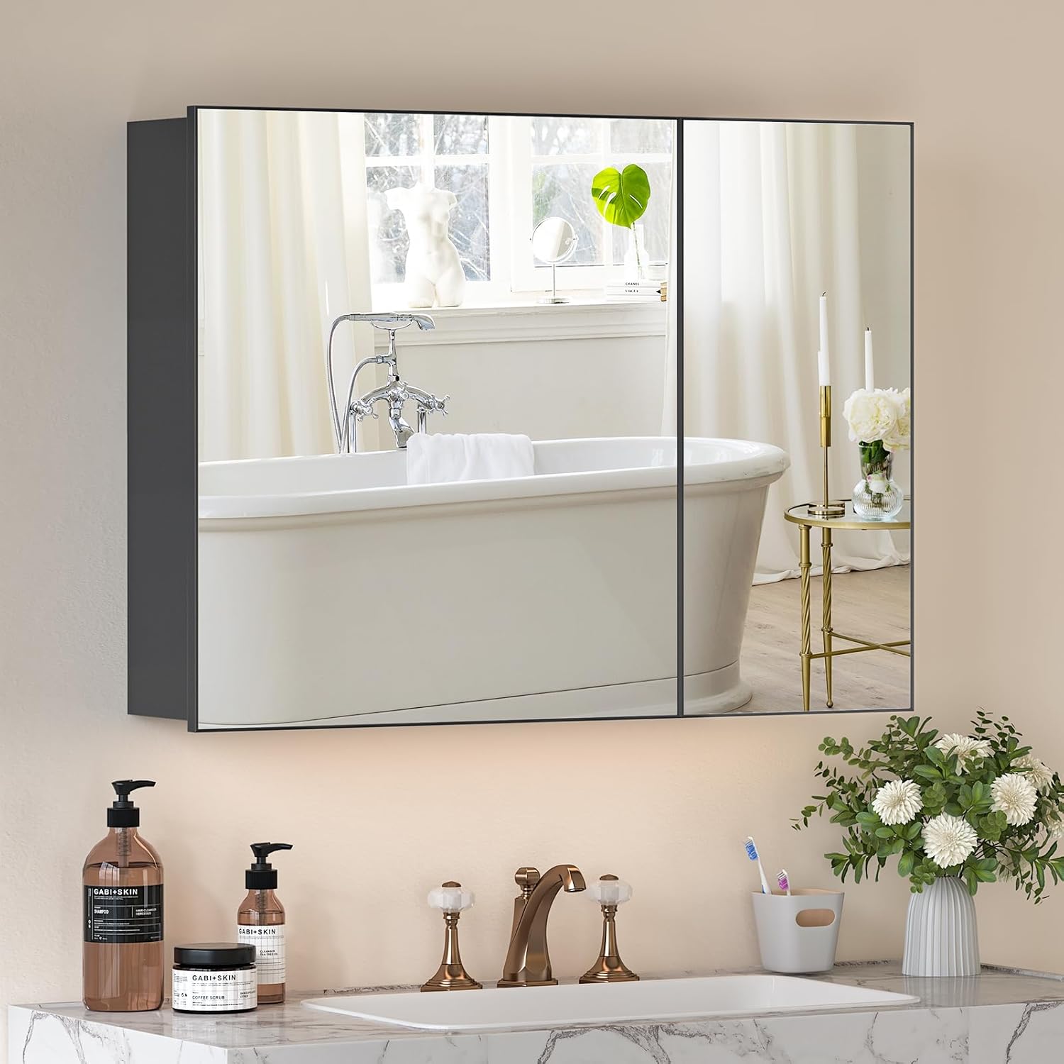 24x32 Inch Bathroom Medicine Cabinet with Mirror, Pre-Assembled Bathroom Medicine Cabinets, Surface/Recessed Wall Mounted Farmhouse Large Medicine Cabinet, Black