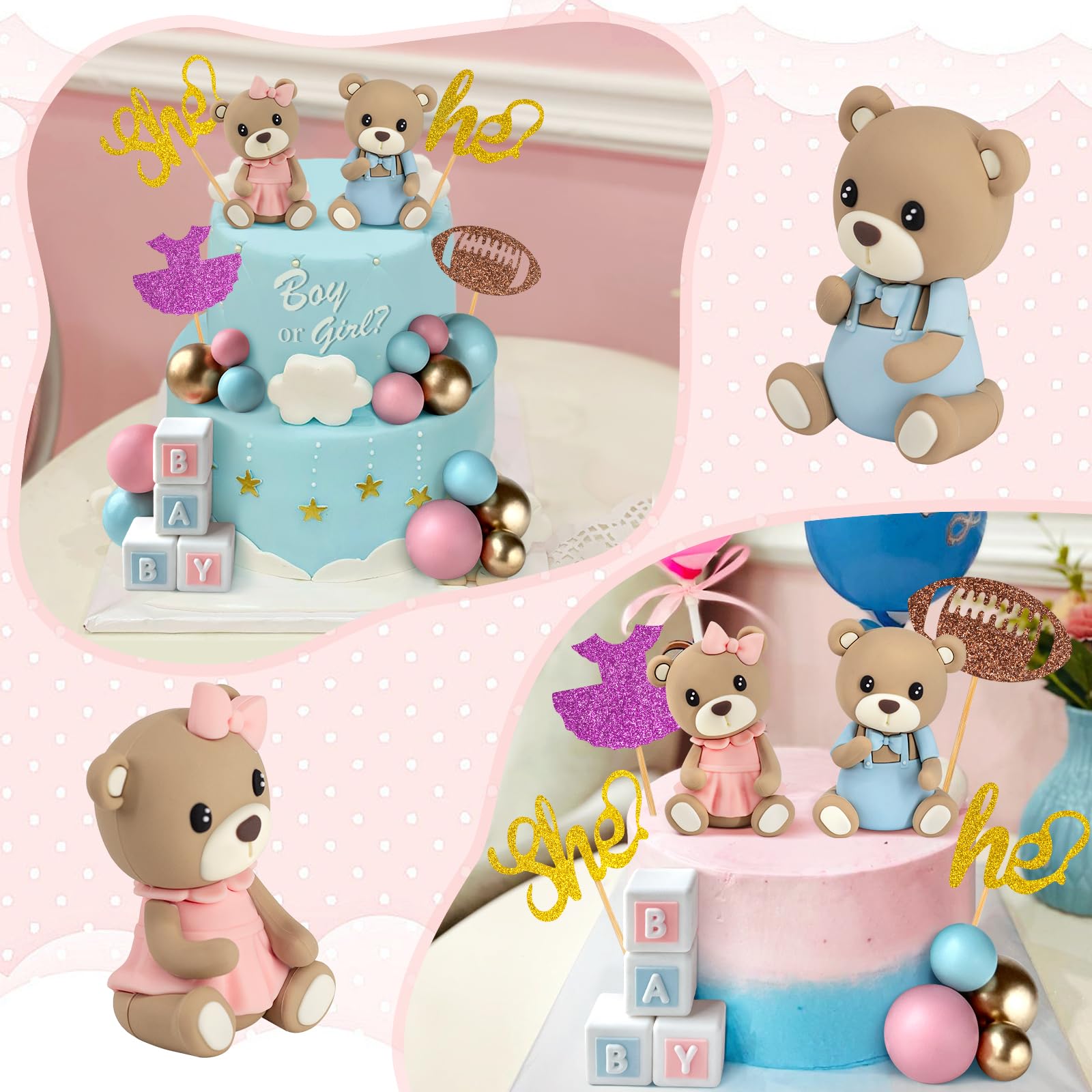 34 piezas de decoración para tartas de revelación de género, decoración de oso para tartas con decoración de pastel para niños y niñas, revelación de género, baby shower, suministros de fiesta de
