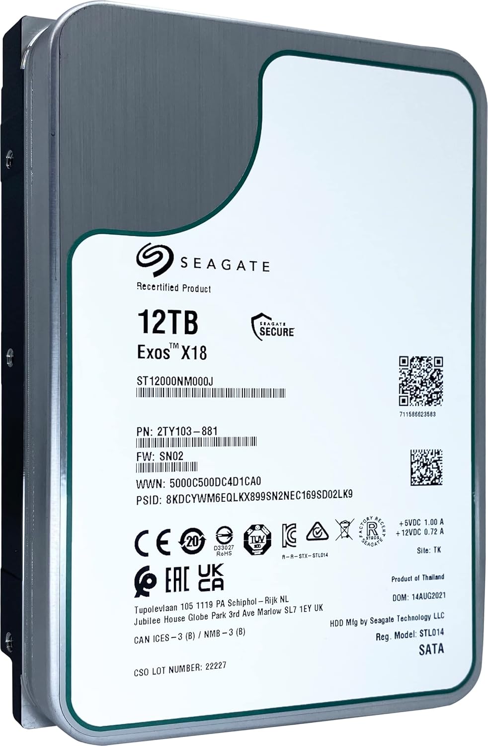 Seagate Exos X18 12TB 7200 RPM 512e/4Kn SATA 6Gb/s 256MB Cache 3.5-Inch Enterprise HDD (ST12000NM000J) (Renewed)