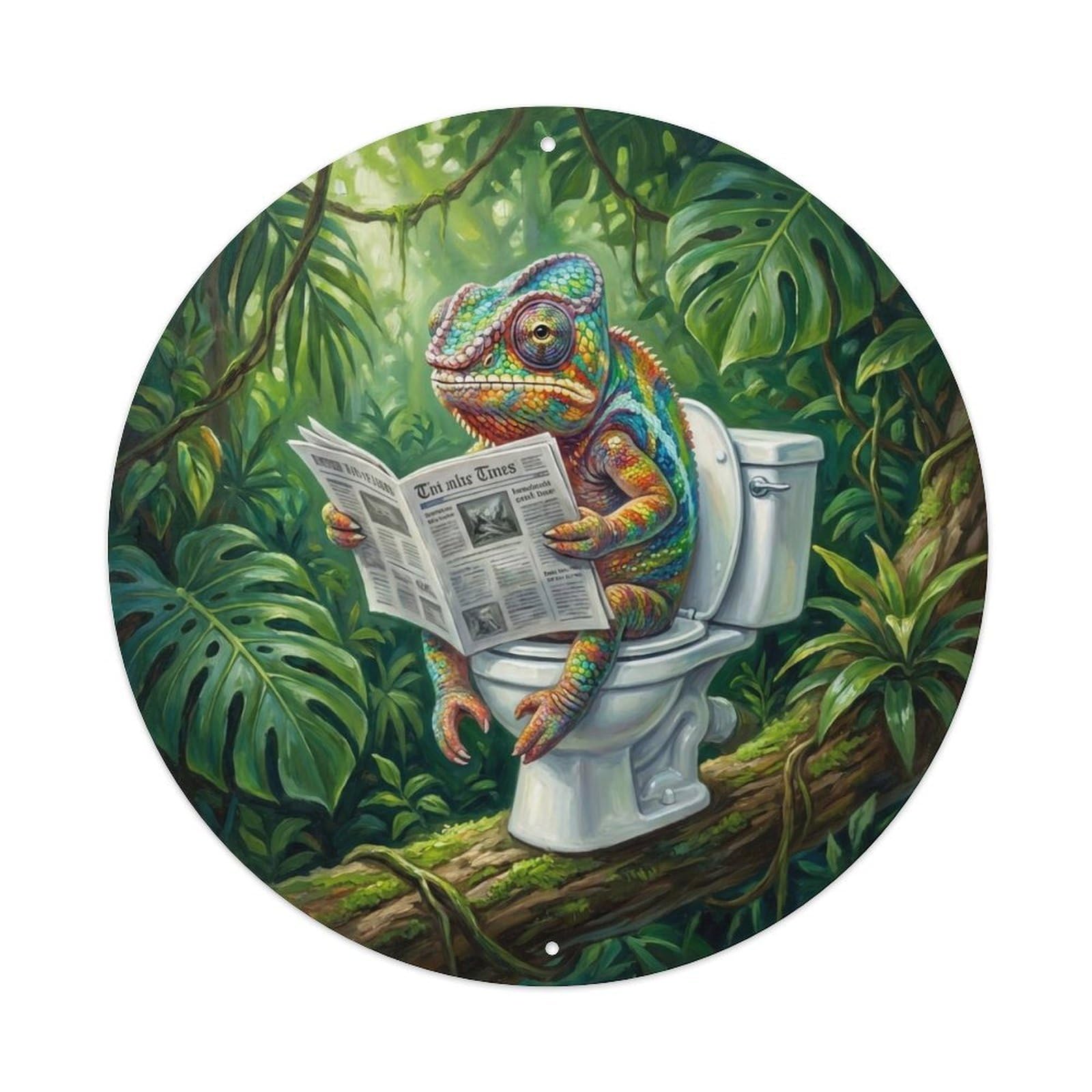 Chameleon On Toilet Humorous Bathroom Leafy Branch Perch Metal Tin Sign
