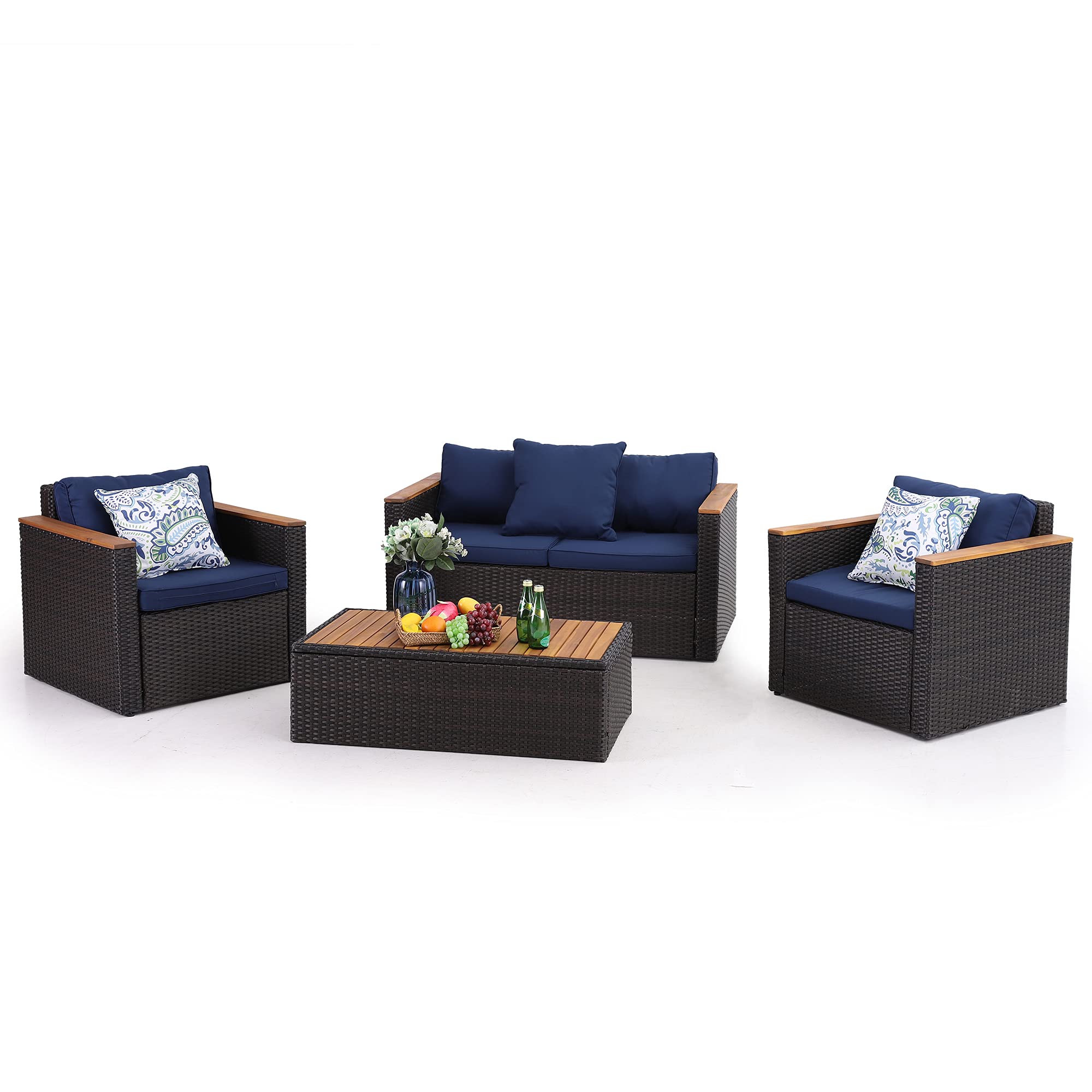 PHI VILLA 4-Piece Outdoor Rattan Sectional Sofa Set with Acacia Wood Coffee Table Patio Wicker Sofa & Table Conversation S...
