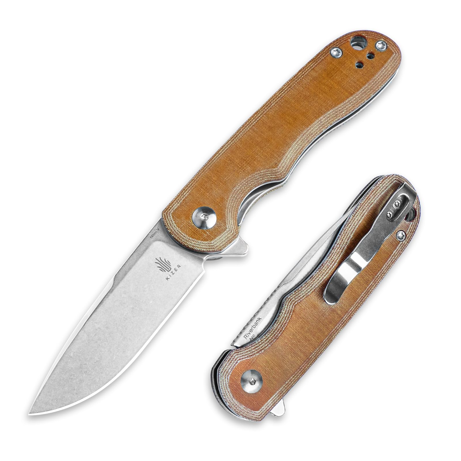 Kizer Riverbank Folding Pocket Knife, 2.99 In Nitro-V Steel Blade Micarta Handle Small EDC Knife with Clip Utility Knife for Men Women Everyday Carry Sharp Camping Survival V3717M3