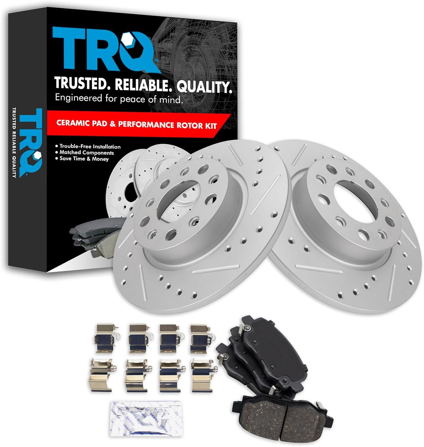TRQ Performance Rear Ceramic Brake Pad and Rotor Set Coated Drilled Slotted Compatible with 2016–2021 Fiat 500X 2015–2021 Jeep Renegade