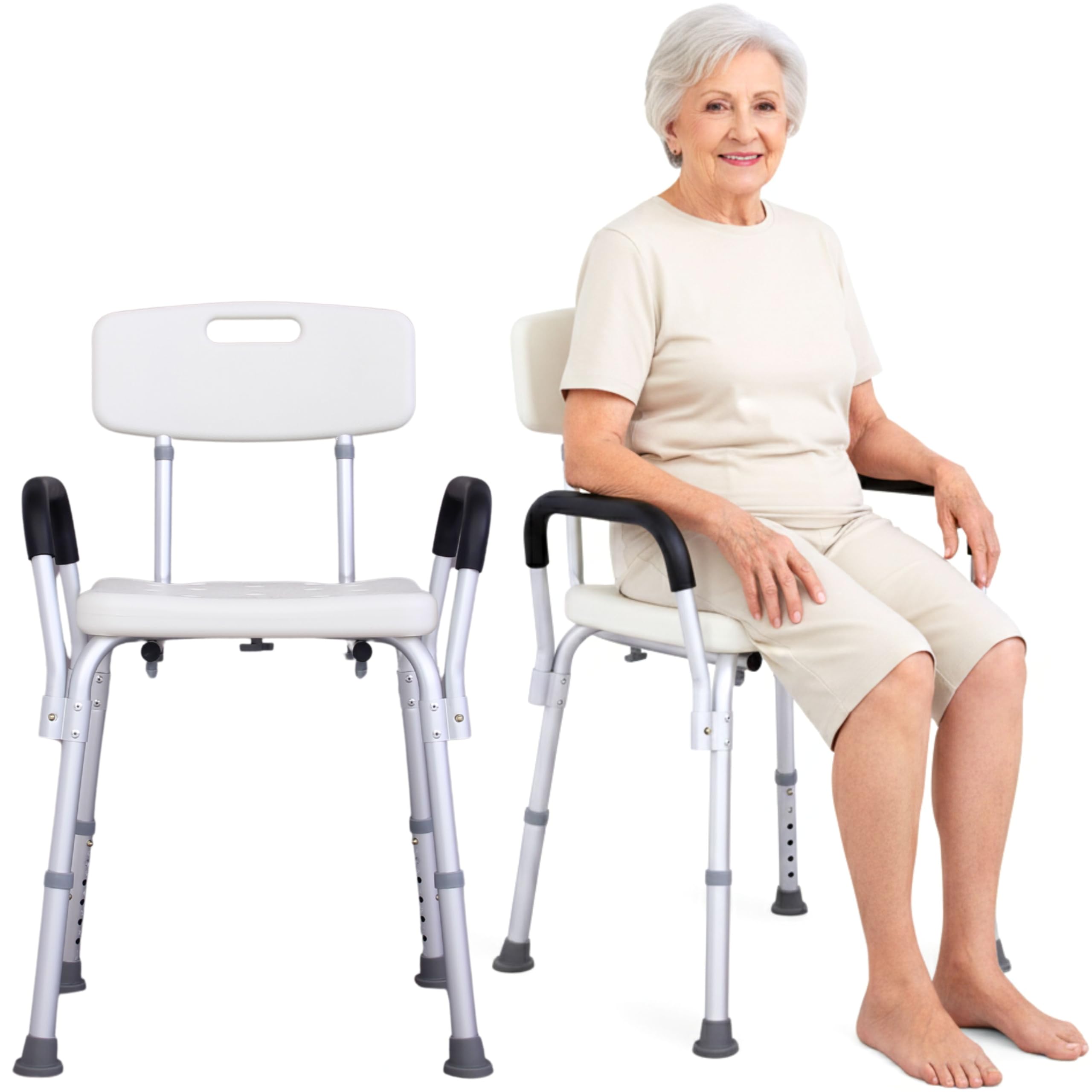 Adjustable Aluminium Shower Chair with Arms and Backrest for Elderly & Disabled