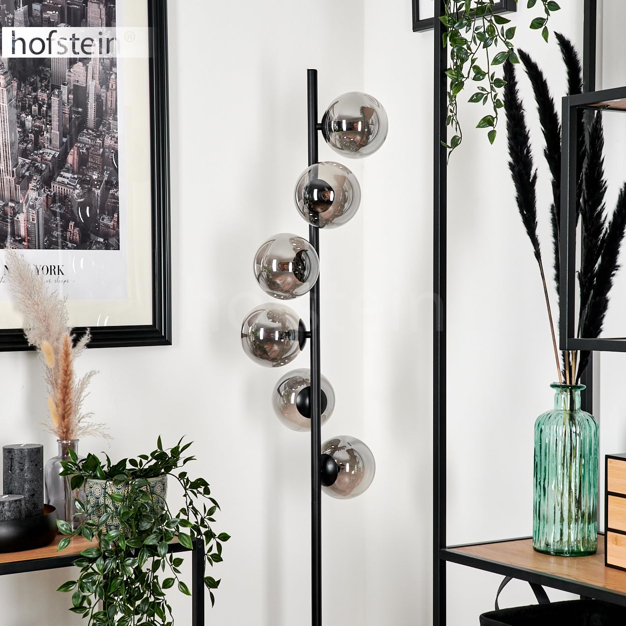 Stehleuchte Remaisnil, Stehlampe aus Metall/Glas in Schwarz/Rauchfarben, Standlampe im Retro/Vintage-Design mit Schirmen aus Glas (Ø 12 cm) u. Fußsschalter, Höhe 160 cm, 6 x G9, ohne Leuchtmittel