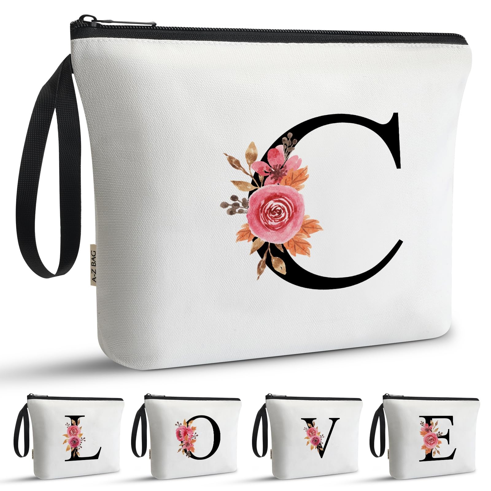 A-Z BAG Personalised Initial Makeup Bag with Floral Letter,Gifts for Women,Mum,Friend,Sister,Teenage Girls,Bridesmaid,Cosmetic Wash Bag & Toiletry Pouch,C