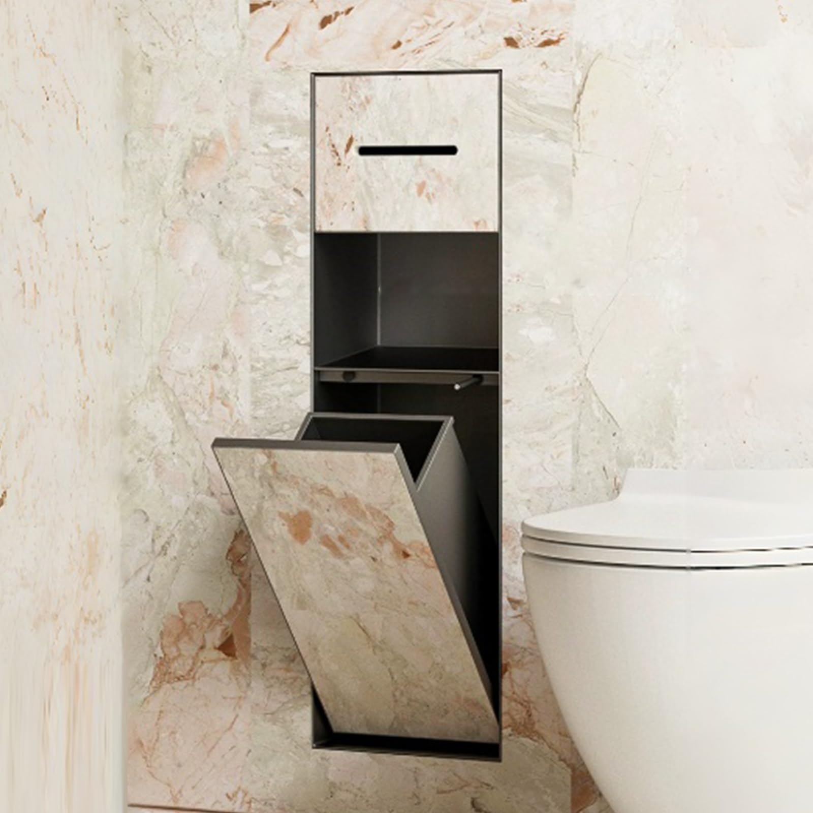 Nicho Oculto para Papel higiénico con Estante y Cubo de Basura, | Con cubo de basura oculto y soporte para papel higiénico,Requiere Panel (no Incluido),para reformas de Pared(Nero,24*64*14cm)