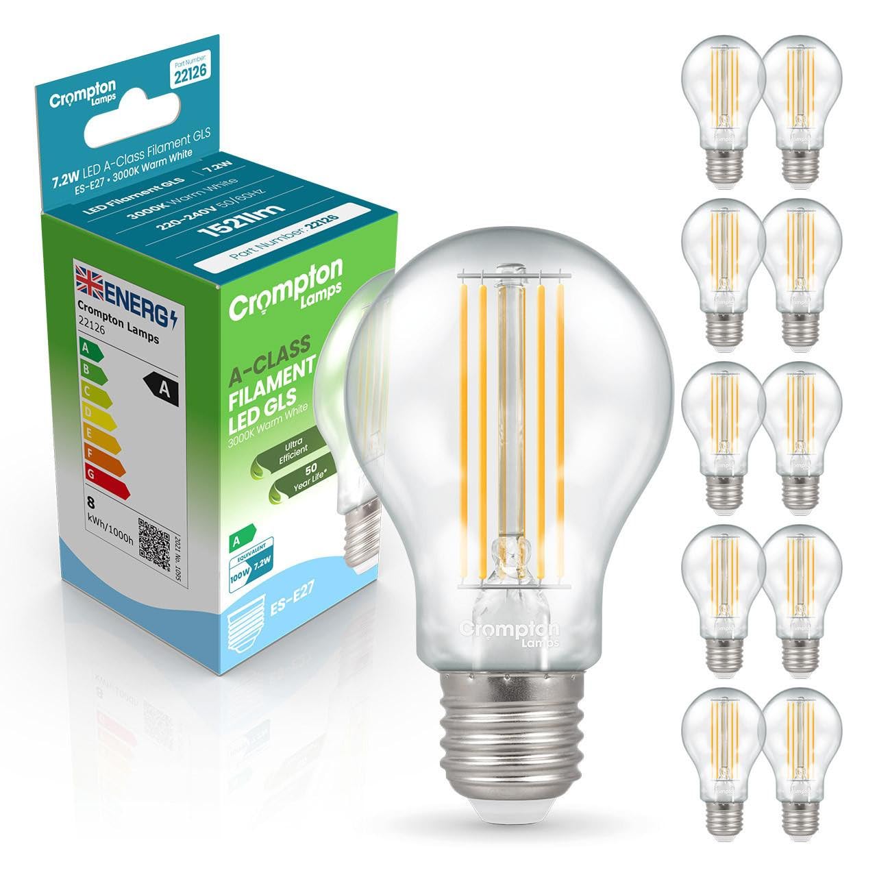 Crompton Lamps LED Ultra-Efficient GLS 7.2W ES-E27 A-Class (10 Pack) (100W Equivalent) 3000K Warm White Clear 1521lm ES Screw E27 Energy Efficient Filament A-Rated Multipack Light Bulbs