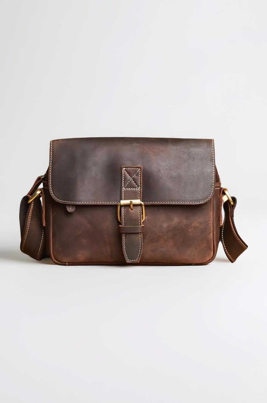 Victor Unisex Genuine Leather Retro Crossbody Sling Bag | Handmade Shoulder Side Satchel-Buckle Closure & Adjustable Strap | Travel Handbag/Shoulder Sling Bag With Multiple Pockets (Brown, 9x11 Inch)