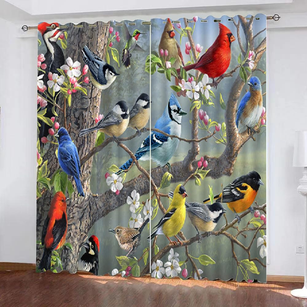MARBRE 3D Bird Blackout Curtains Polyester Fabric 2 Panels 132x214cm Thermal Insulated Room Darkening Eyelet Curtain Flowers Birds Window Drapes for Home Decoration(23-3)