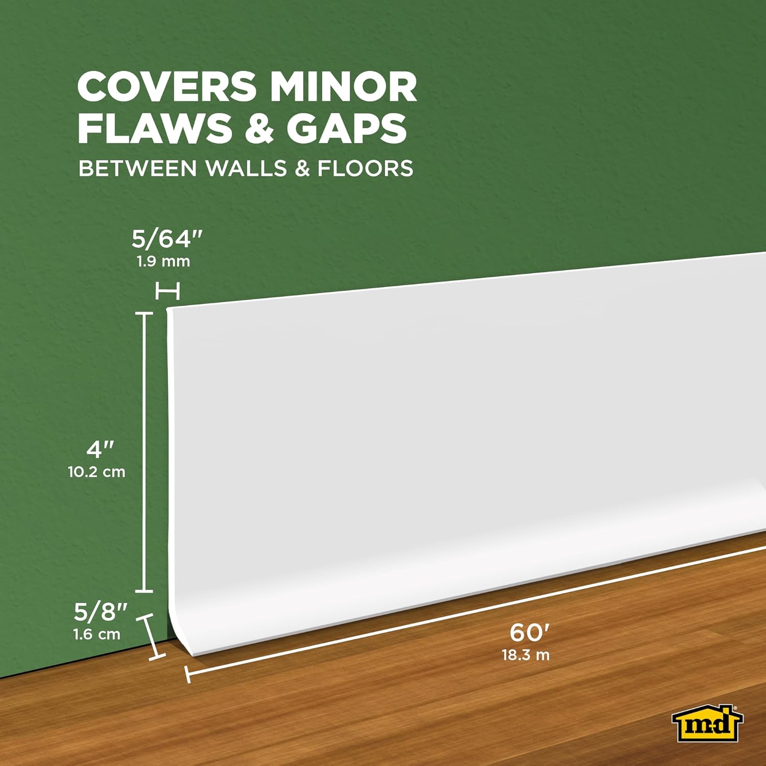 M-D Building Products 4-Inch x 60-Feet Dry Back Vinyl Wall Base, Flexible Dry Back Vinyl Trim with Toe - Easy Install Molding Trim for Floors and Baseboards, White (73897)