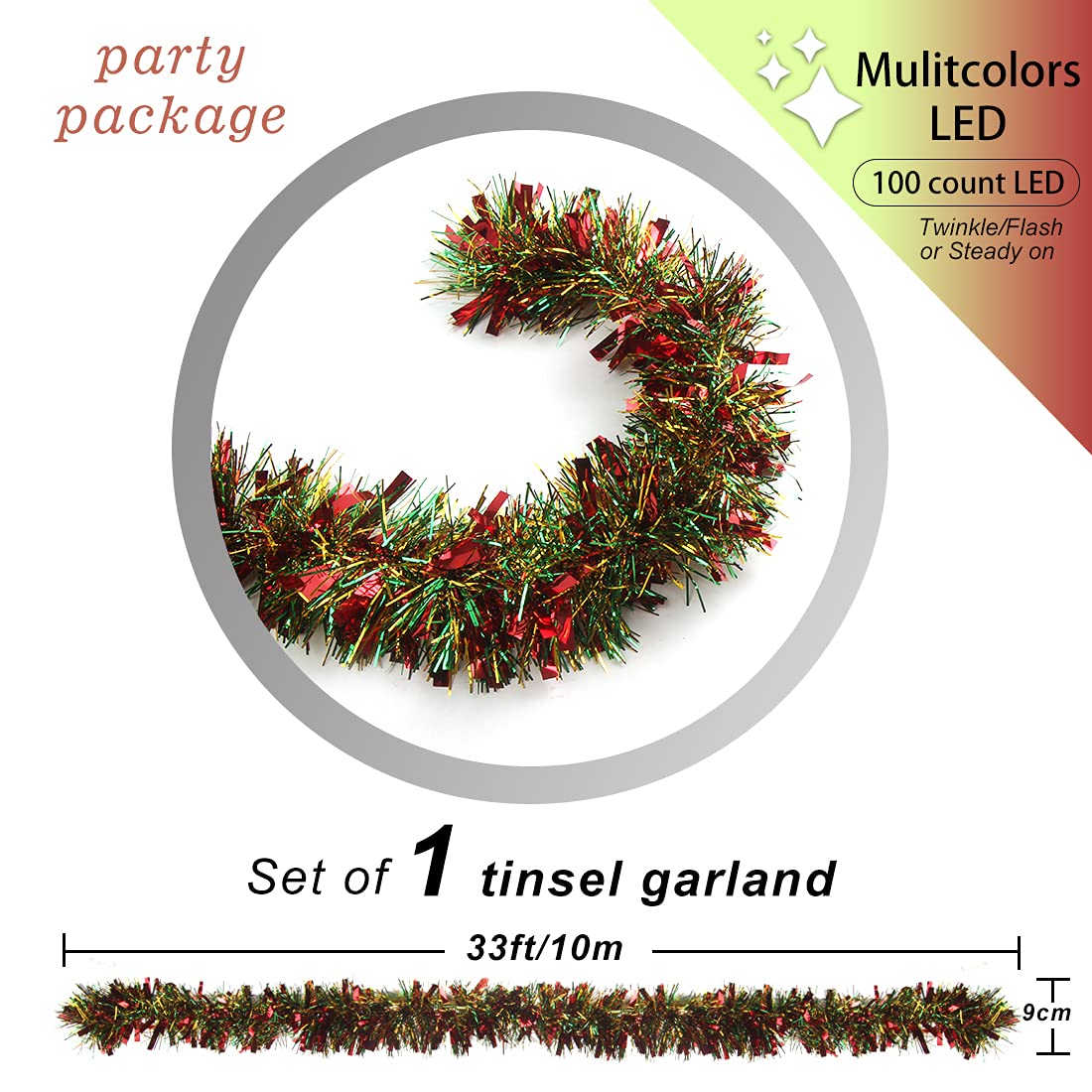 CCINEE Christmas Prelit Tinsel Garland, 33 Ft Multicolor Hanging Garland with 100 Multicolored Battery Operated LED String Lights for Christmas Tree Decoration Party Supplies