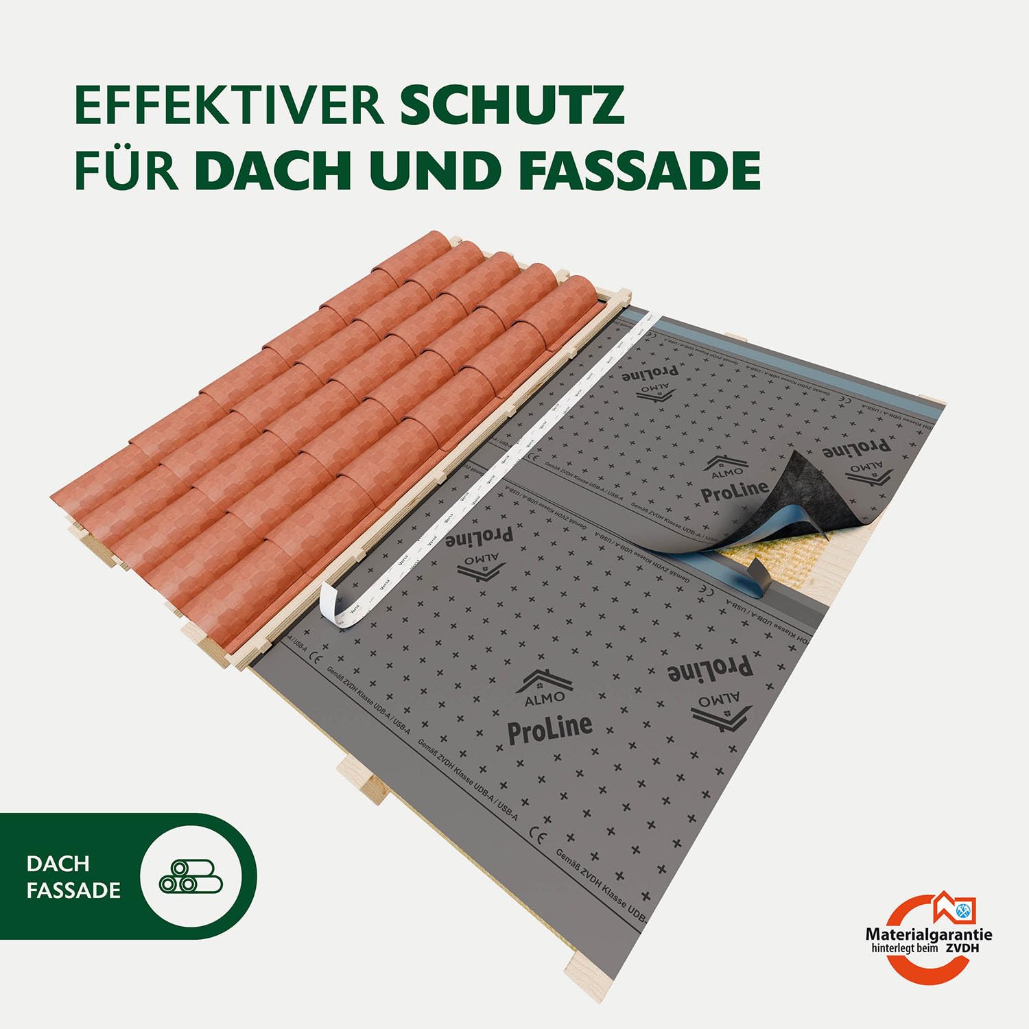 ALMO Unterspannbahn Dach 150g/m² | 75m² (1,5 x 50m) diffusionsoffen & UV-beständig | Wasserabweisende Dachfolie mit 2 Selbstklebestreifen | Fassadenbahn & Unterdeckbahn für Dachabdichtung