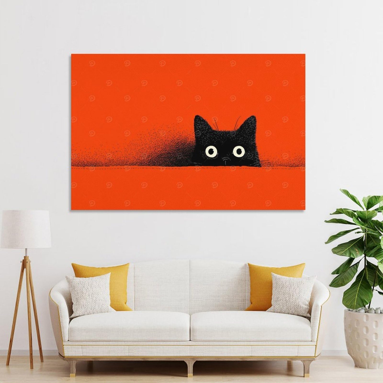 Junmoney Peeking Black Cat on Orange Background Wall Art Print 20x30inch(50x75cm), for Corridors, Hallways Or Apartment Entries, Wall Decor to Refresh Empty Corners