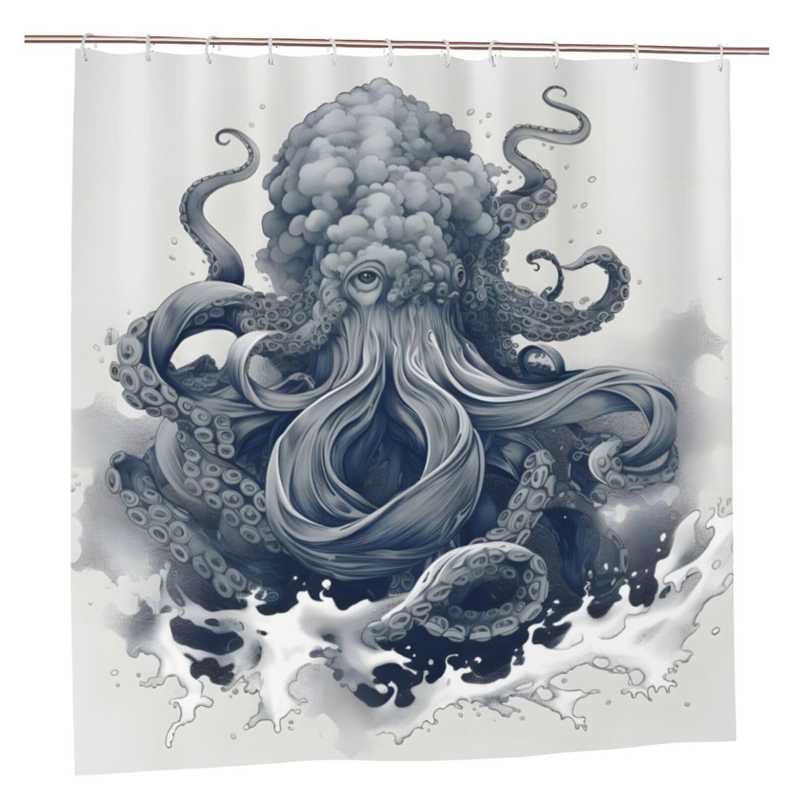 Rideau de douche en tissu motif pieuvre avec anneaux renforcés 183cm