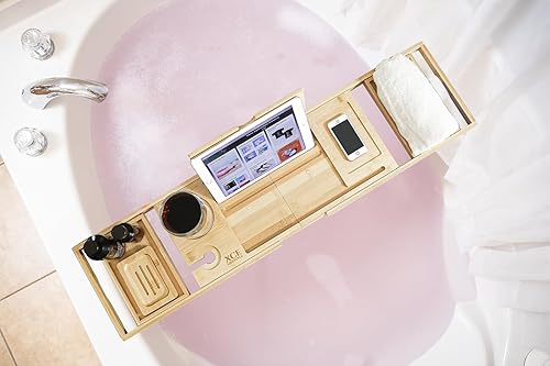 Miniatura 4 de Bandeja plegable para bañera extensible hasta 41.3 in para baño de lujo, bandeja de baño para bañera, natural